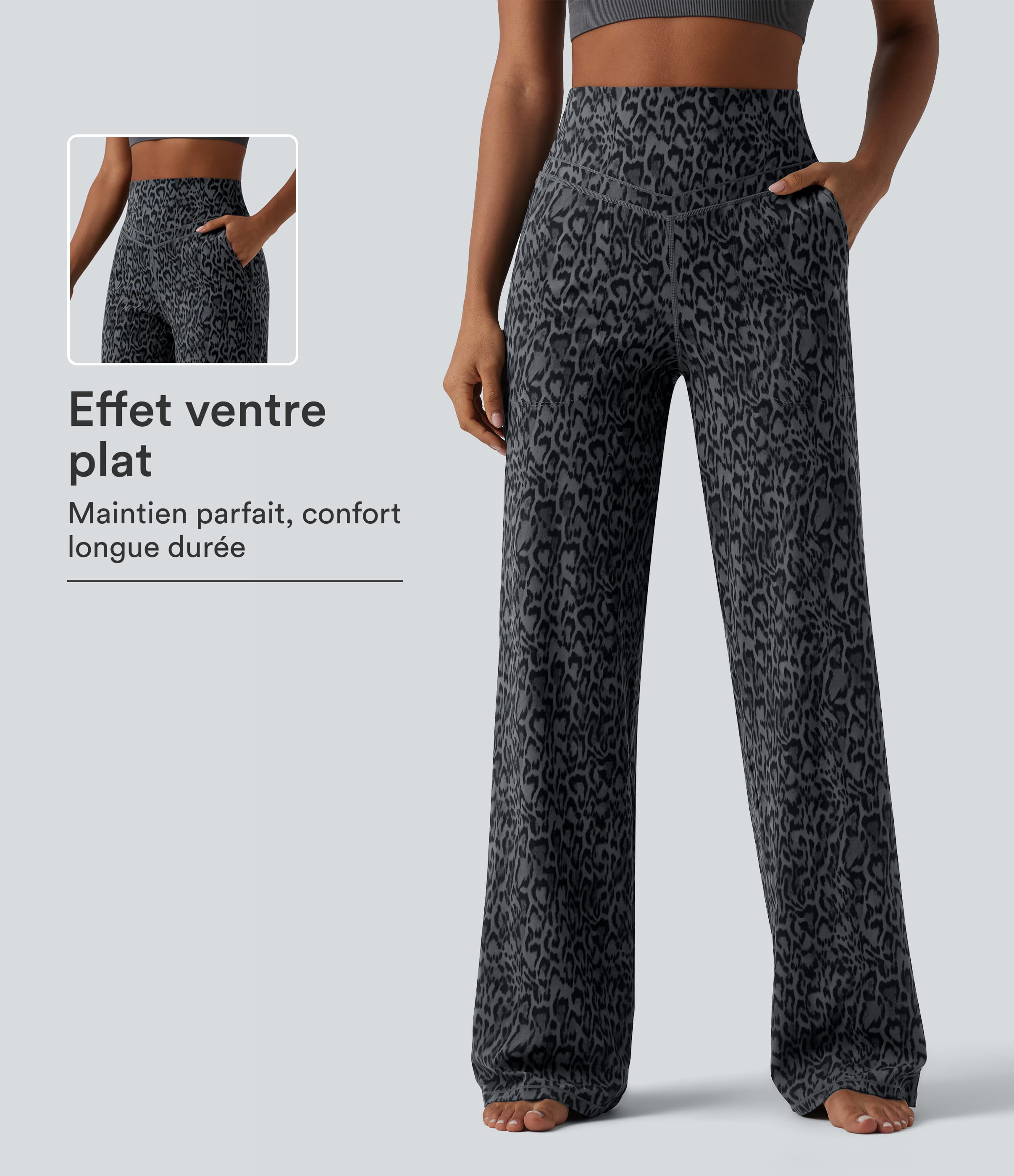 Pantalon de yoga jambes droites taille haute gainant imprimé léopard Halara UltraSculpt™ avec poches