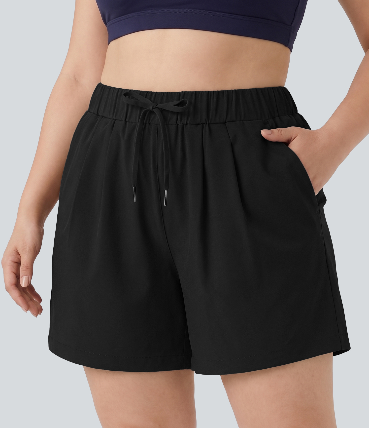 Halara Plus Size High Waisted Elastic Waistband Drawstring Pleated Yoga Shorts 5" with Pockets Gym Short - Black - 1X booty shorts