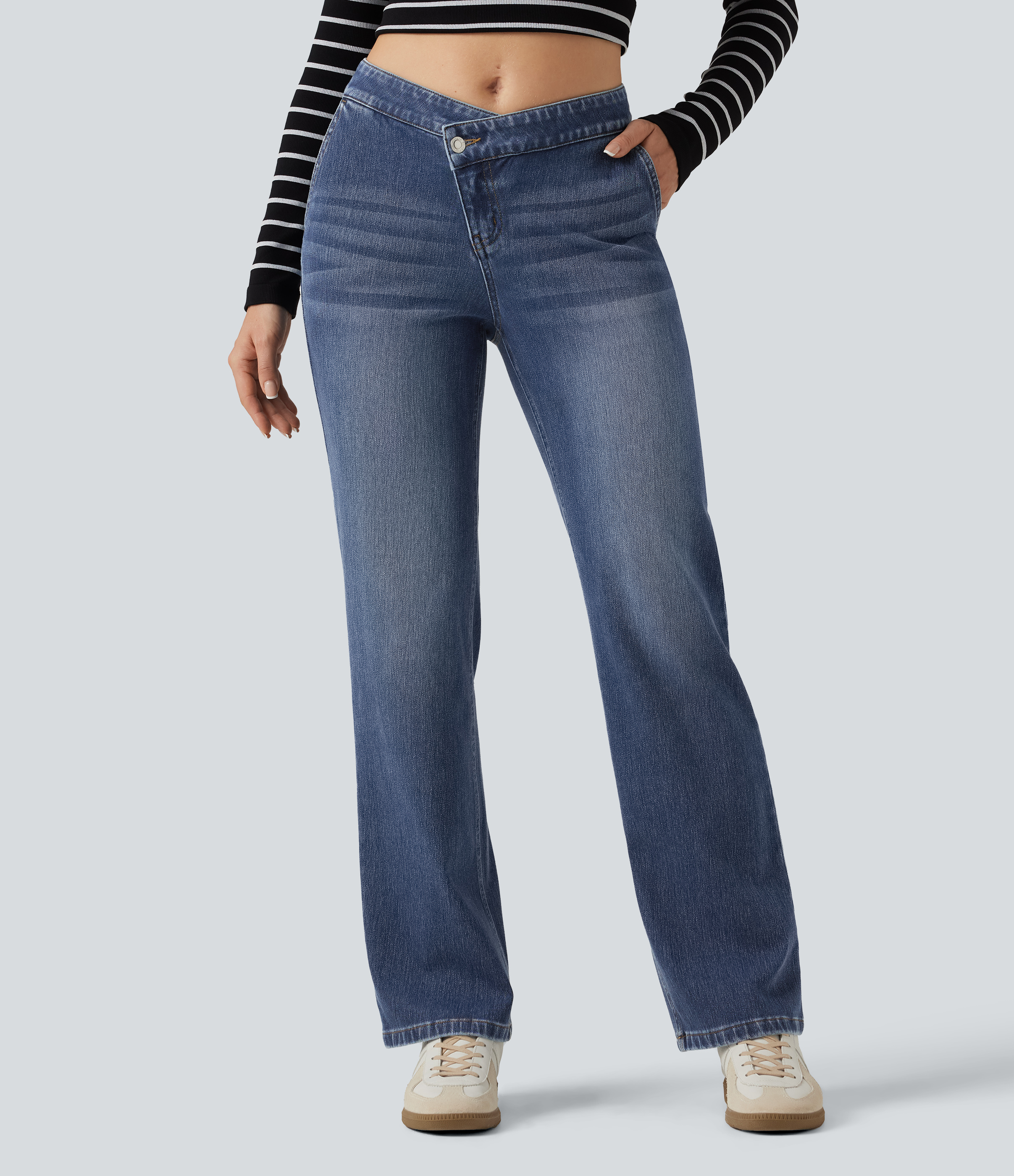 Halara Flex™ Mid Rise Asymmetric Straight Leg Casual Jeans with Pockets