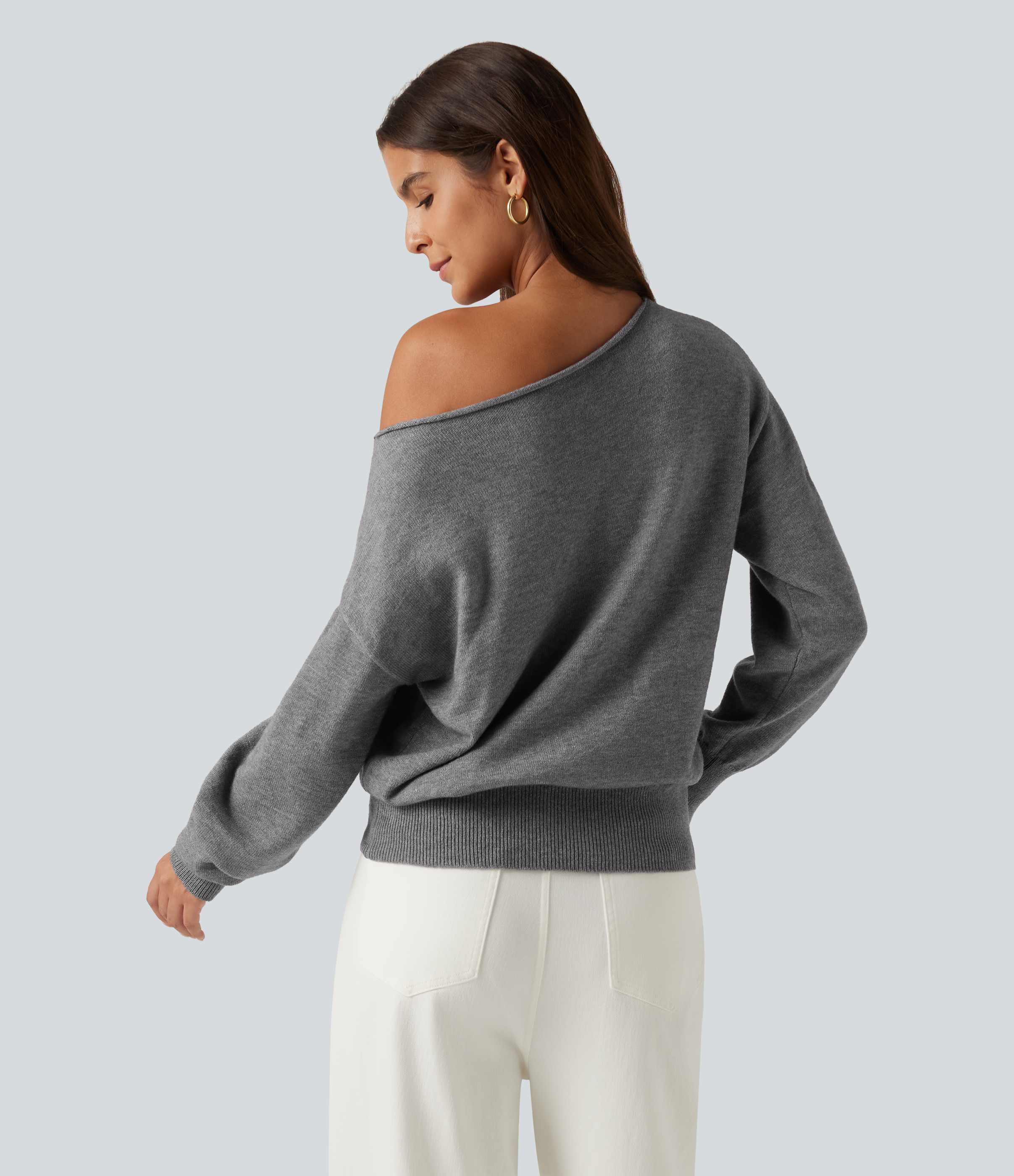 Mottled Grey Büro-Pullover mit langen Ärmeln und One-Shoulder-Design / 2