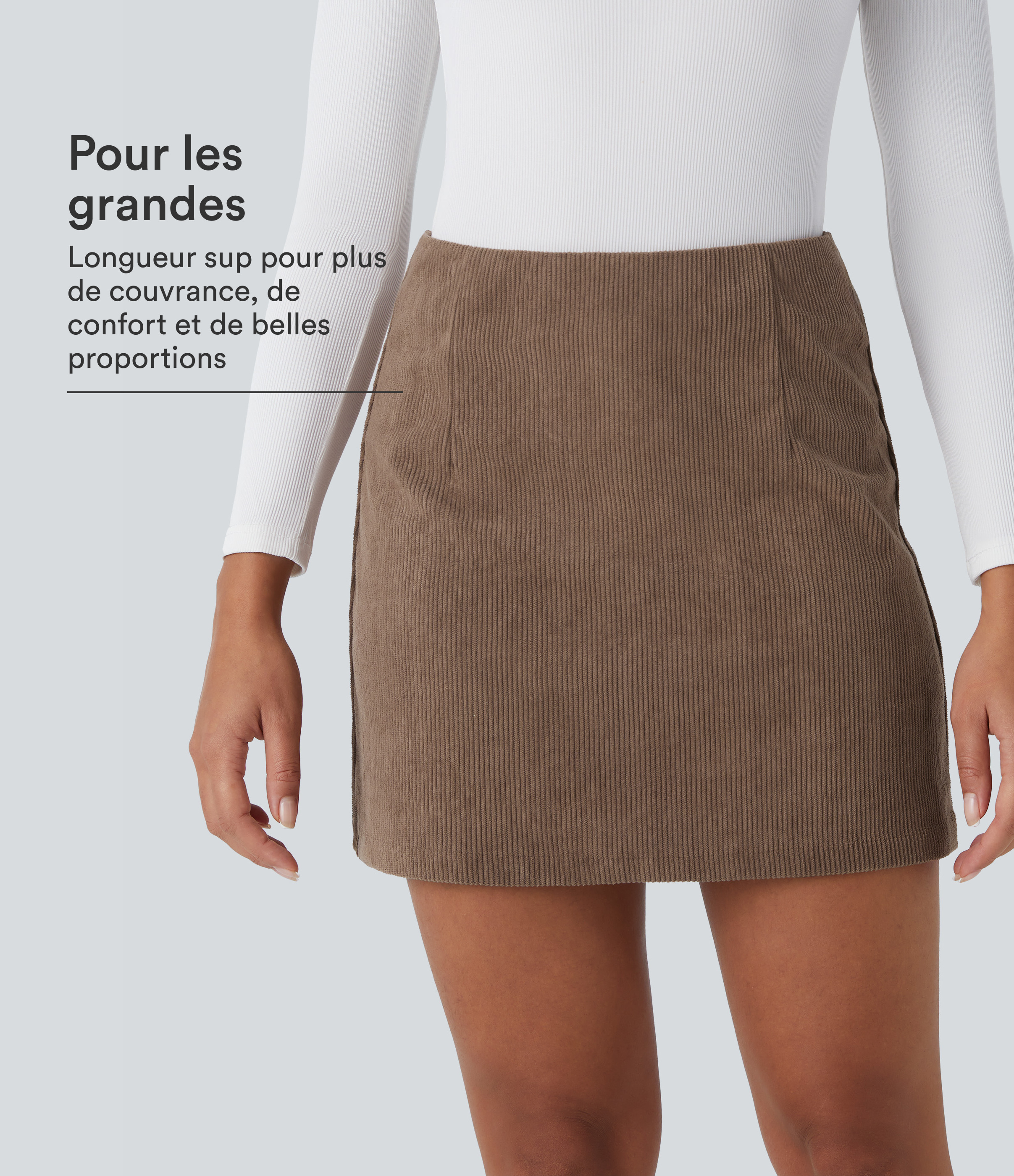 Jupe décontractée 2-en-1 en velours côtelé à taille haute, coupe évasée, longueur mini allongée et zip invisible