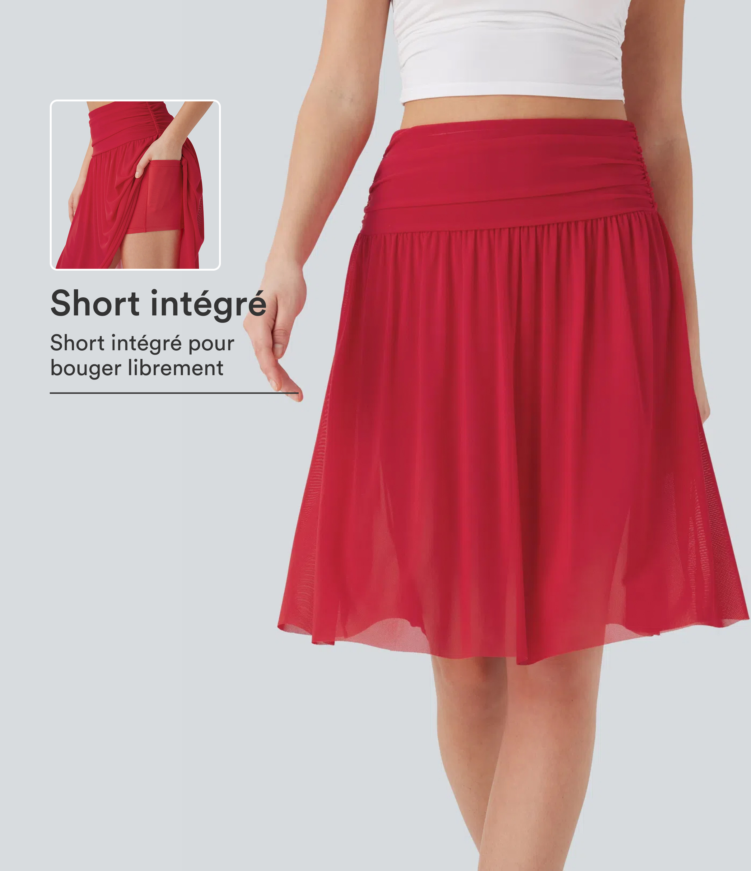Jupe casual midi fluide 2-en-1 taille haute froncée maille contrastante avec poches latérales