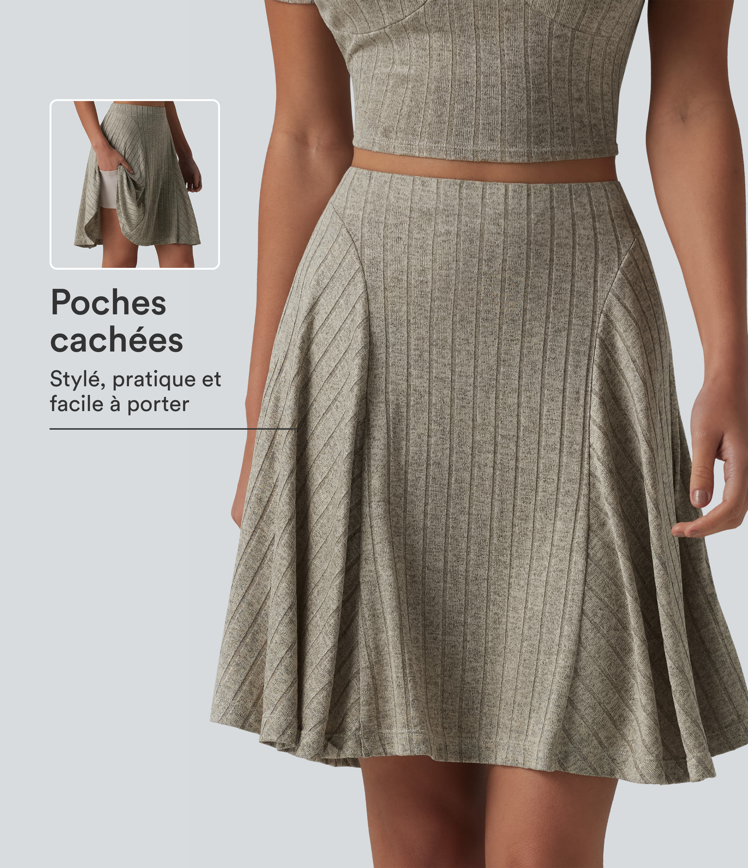 Warm Grey Floral Velvet Jupe mini évasée casual 2 en 1 en maille côtelée taille haute avec poches / 1