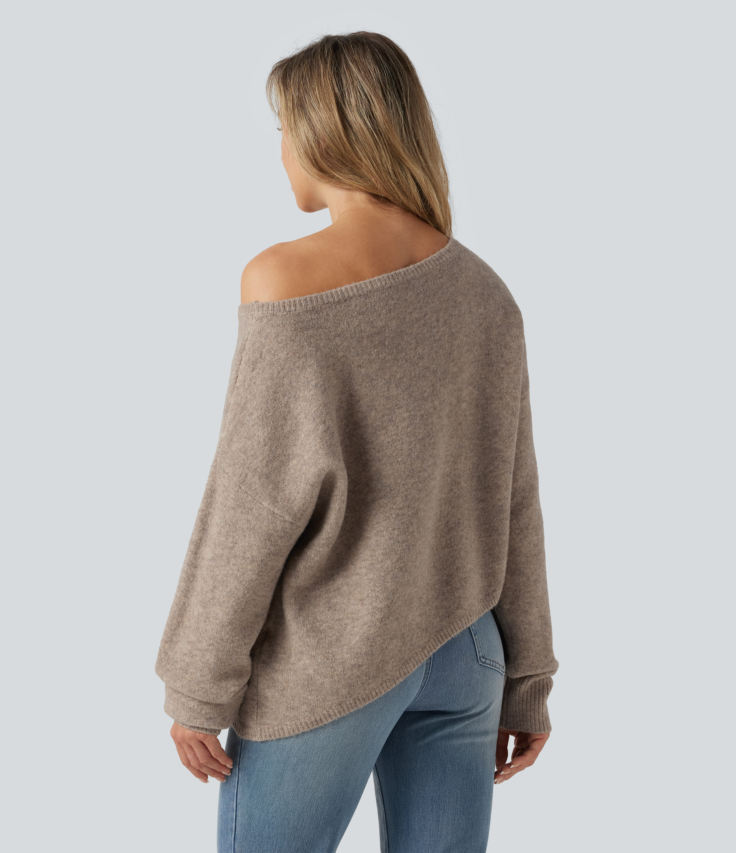 Daywall Beige One Shoulder Long Sleeve Asymmetric Casual Sweater / 2