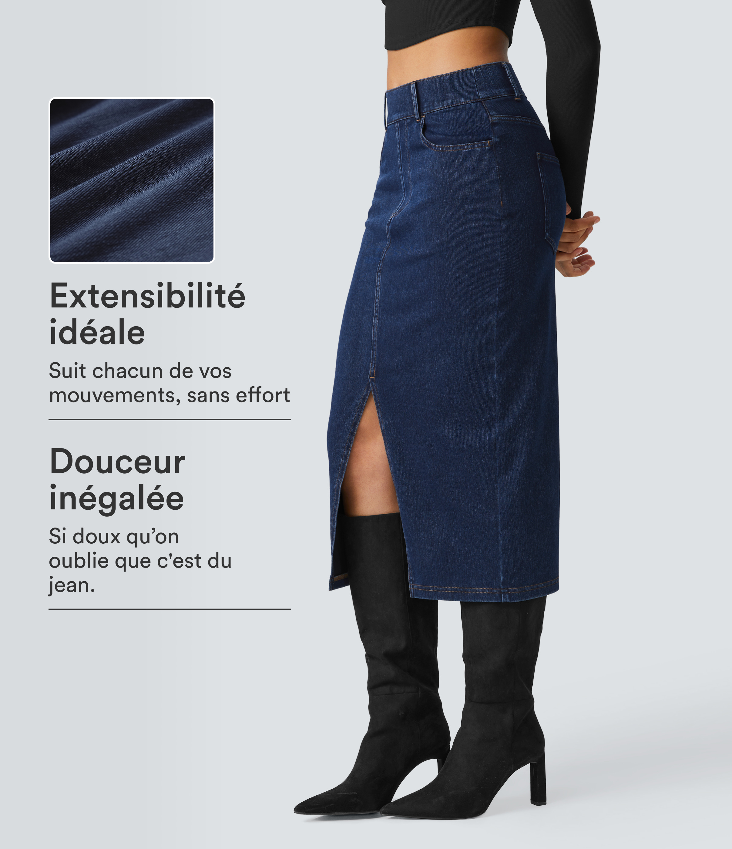 Halara Flex™ Jupe en Jean Midi Casual Tricot Extensible Taille Haute Poches Multiples