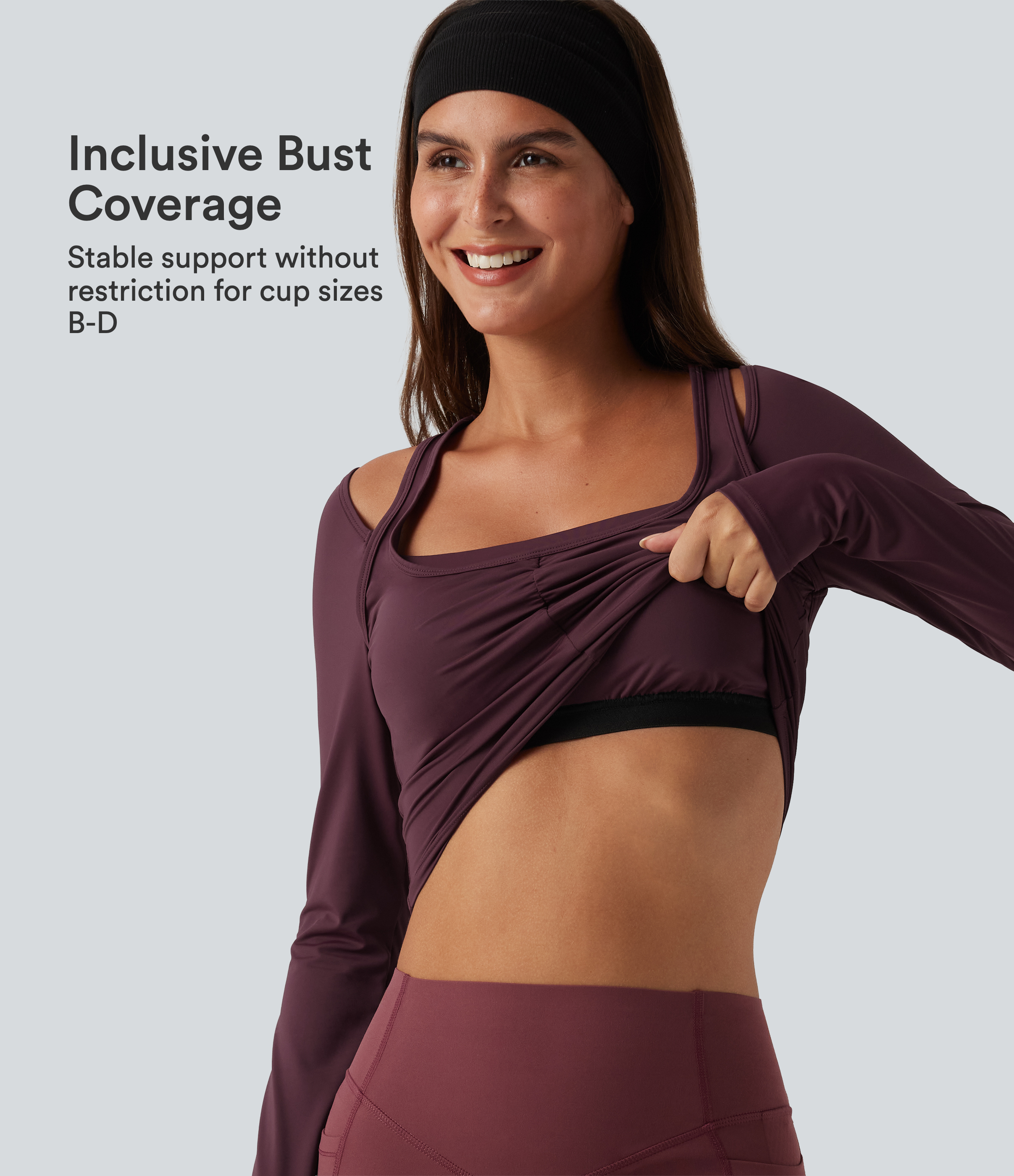 Long Sleeve Ruched Built-in Bra Cut-Out Back InstantCool Yoga Sports Top B-D Cups-UPF50+