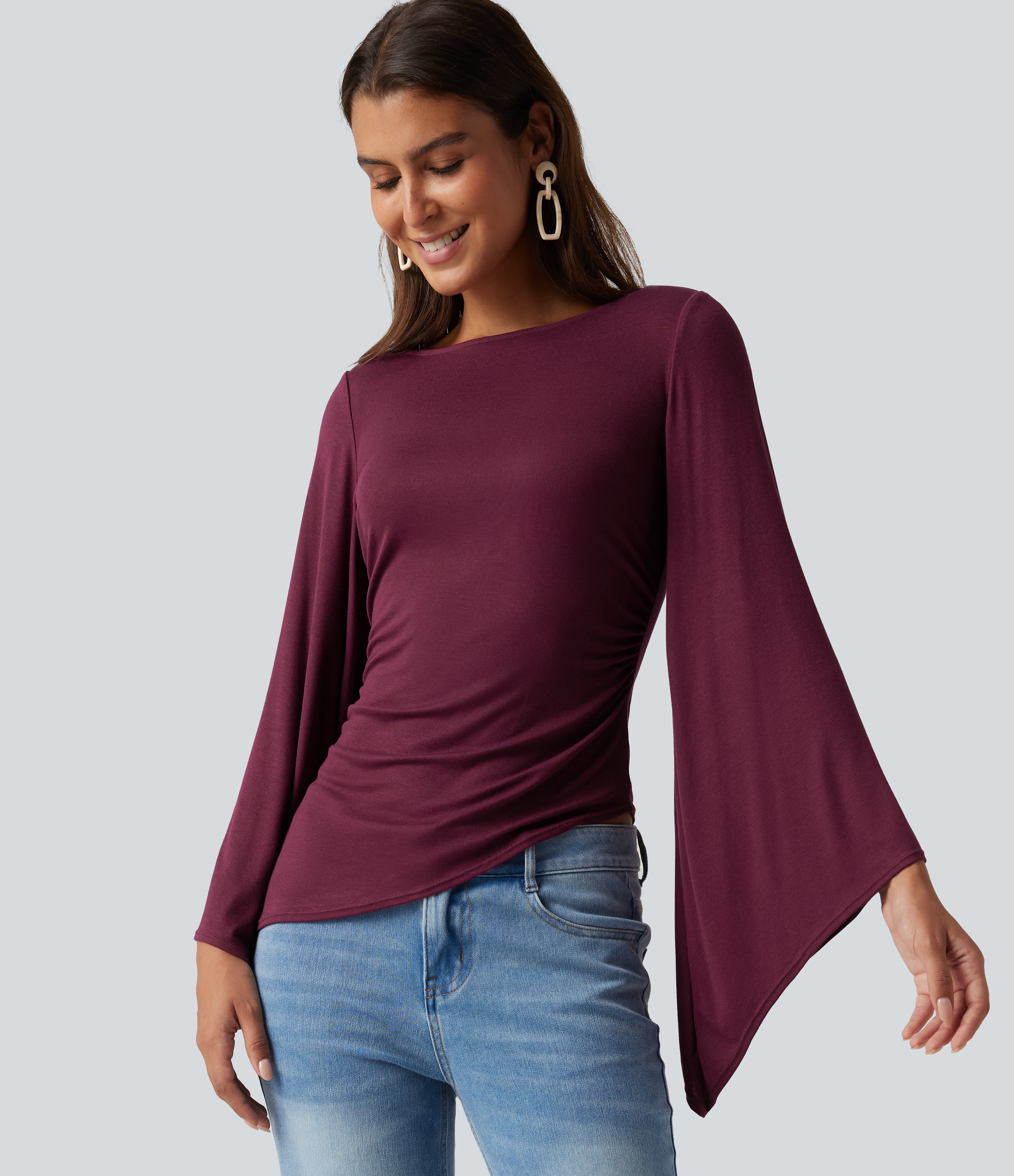 Ribbed Boat Neck Asymmetric Flounce Long Sleeve Ruched Casual Top