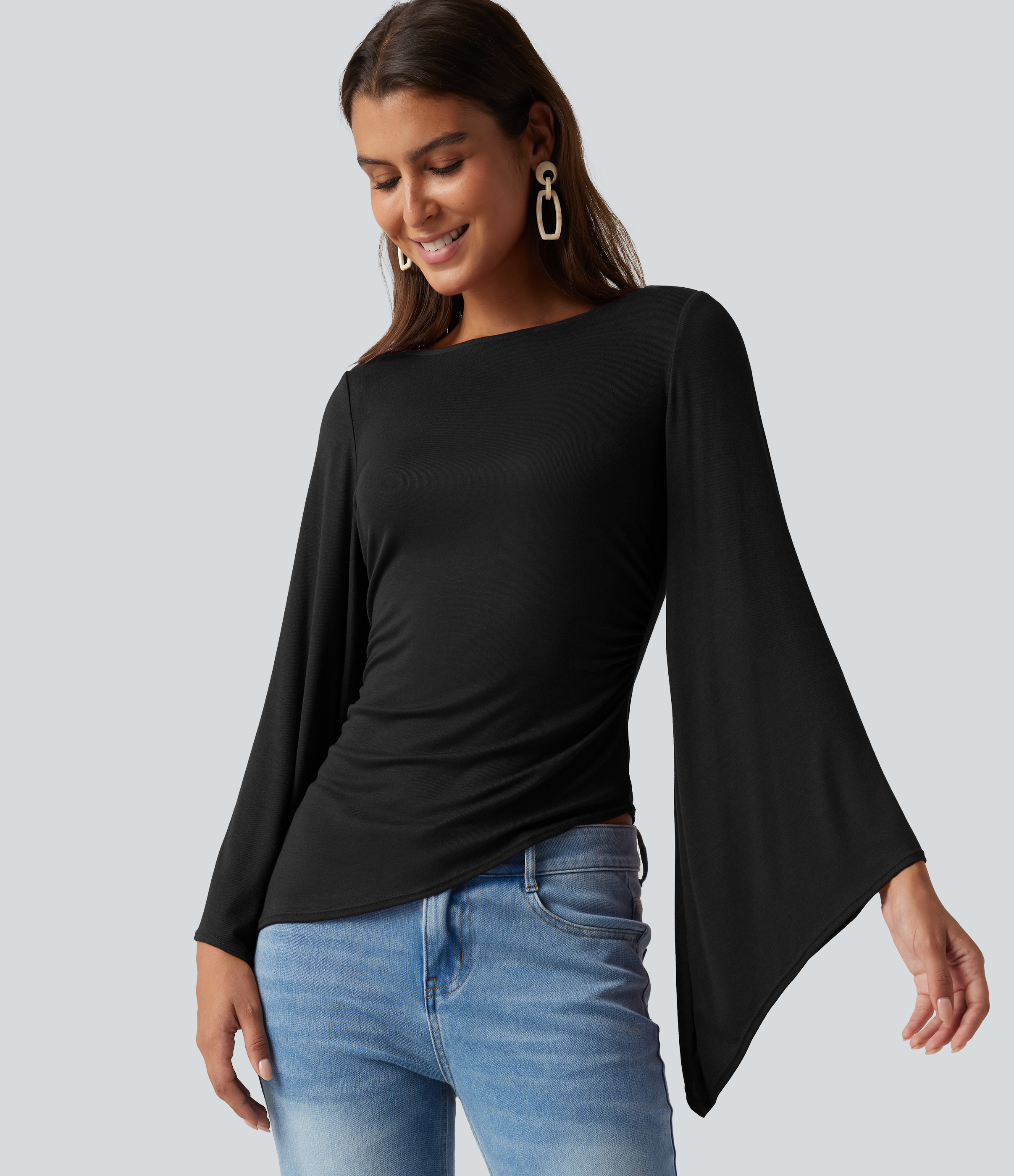 Ribbed Boat Neck Asymmetric Flounce Long Sleeve Ruched Casual Top