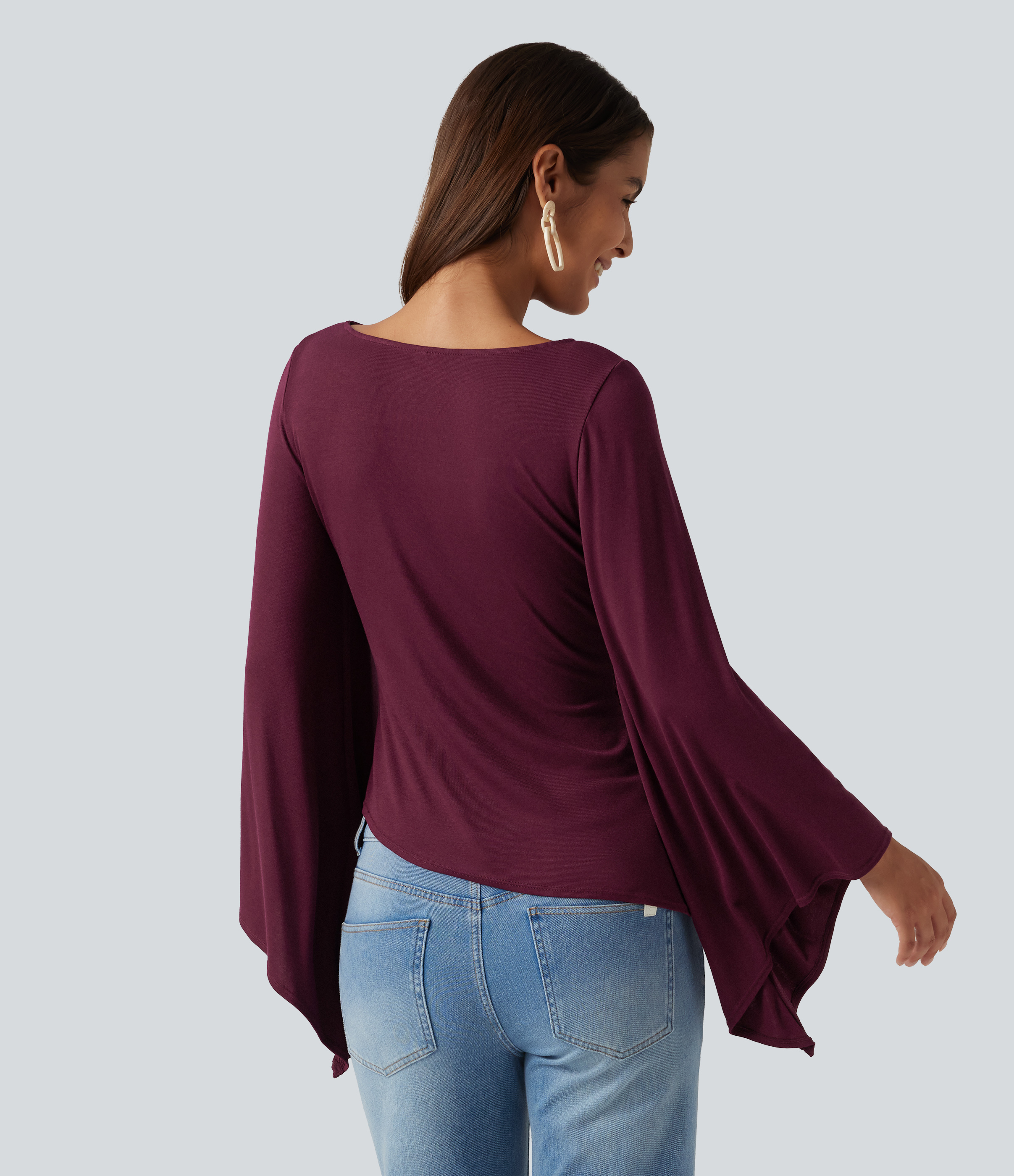 Maroon Banner Ribbed Boat Neck Asymmetric Flounce Long Sleeve Ruched Casual Top / 2