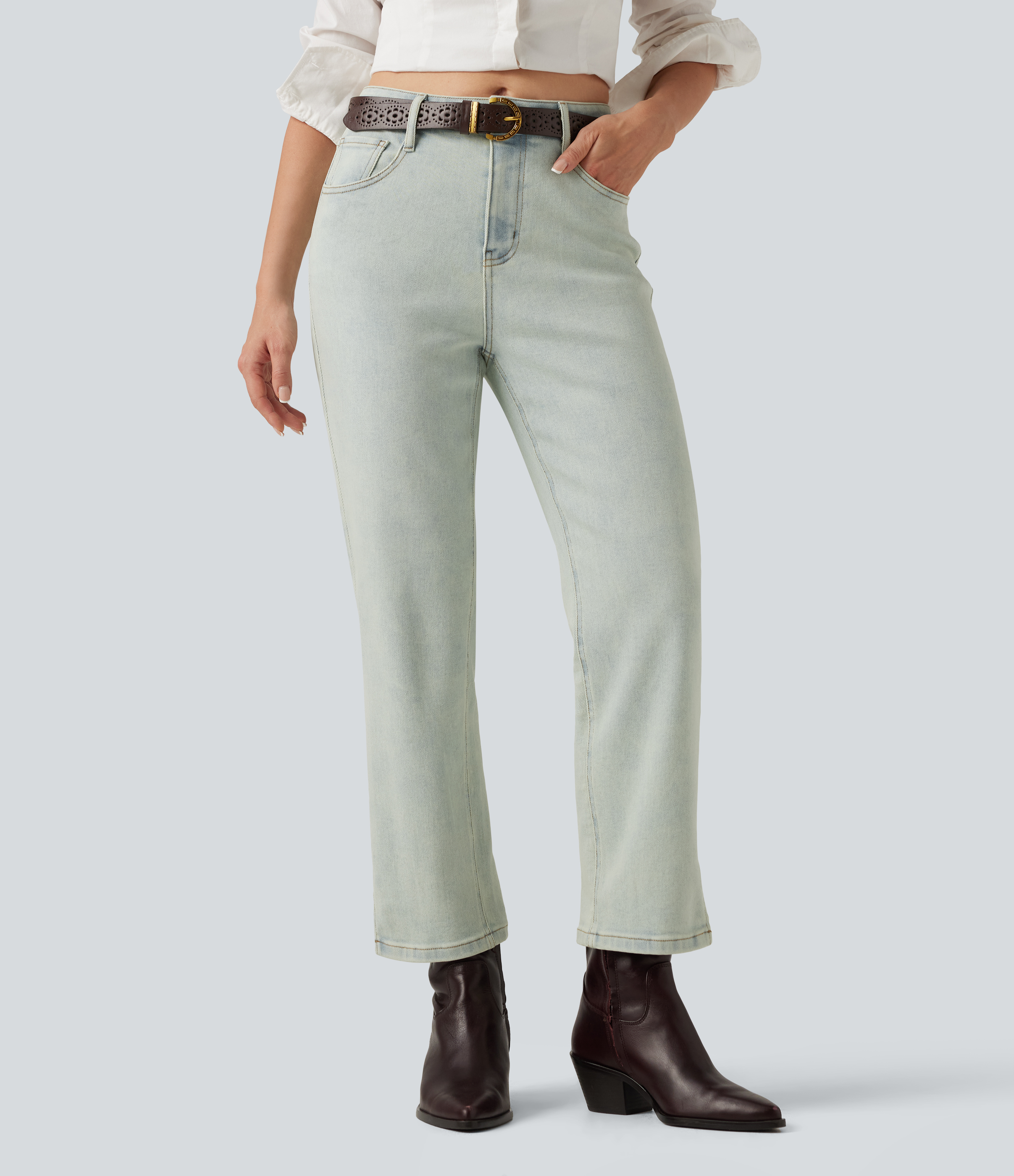 Mid Rise Straight Leg Casual Jeans with Pockets