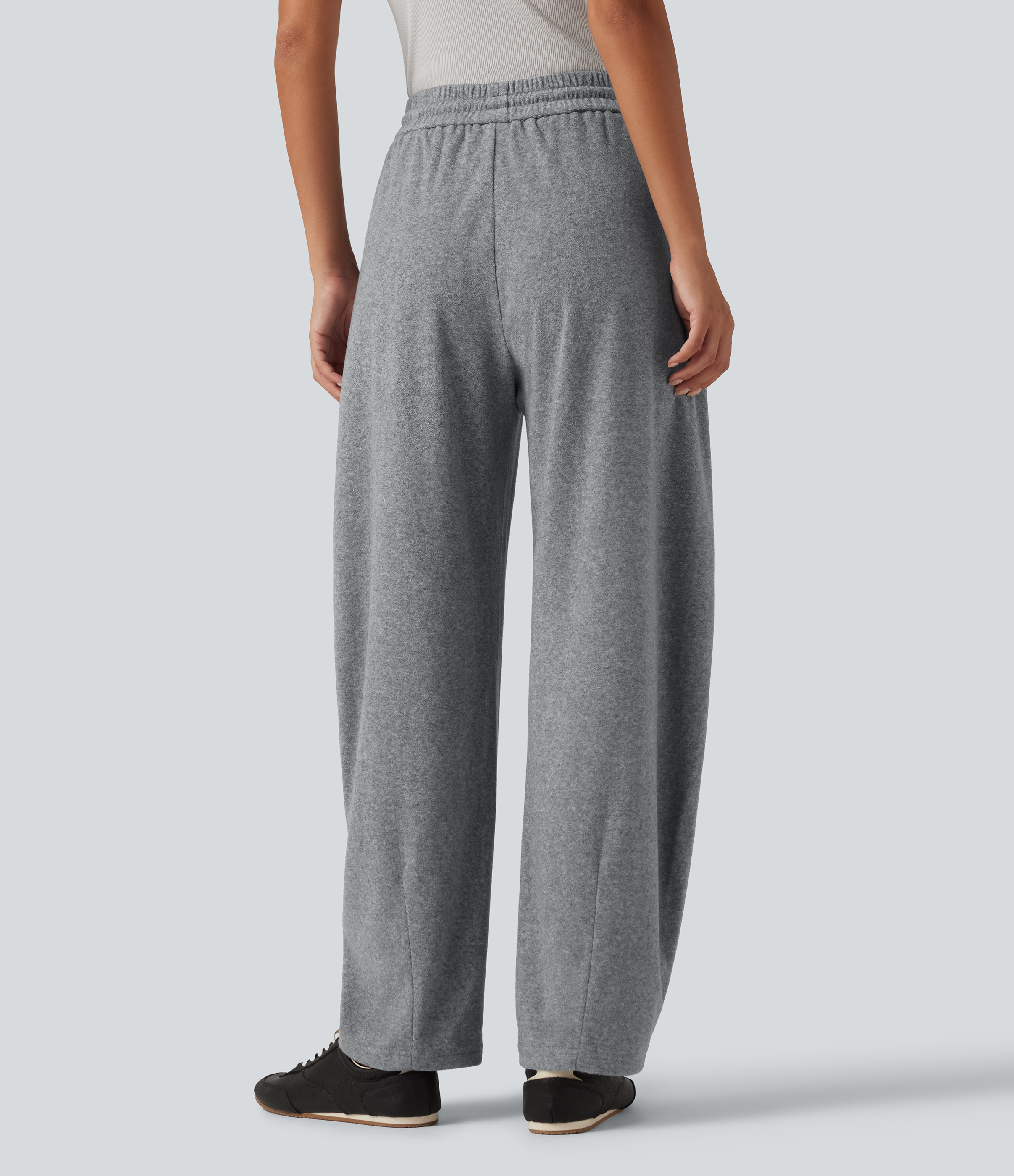 Mottled Grey High Waisted Drawstring Barrel Leg Terry Casual Pants with Pockets / 2