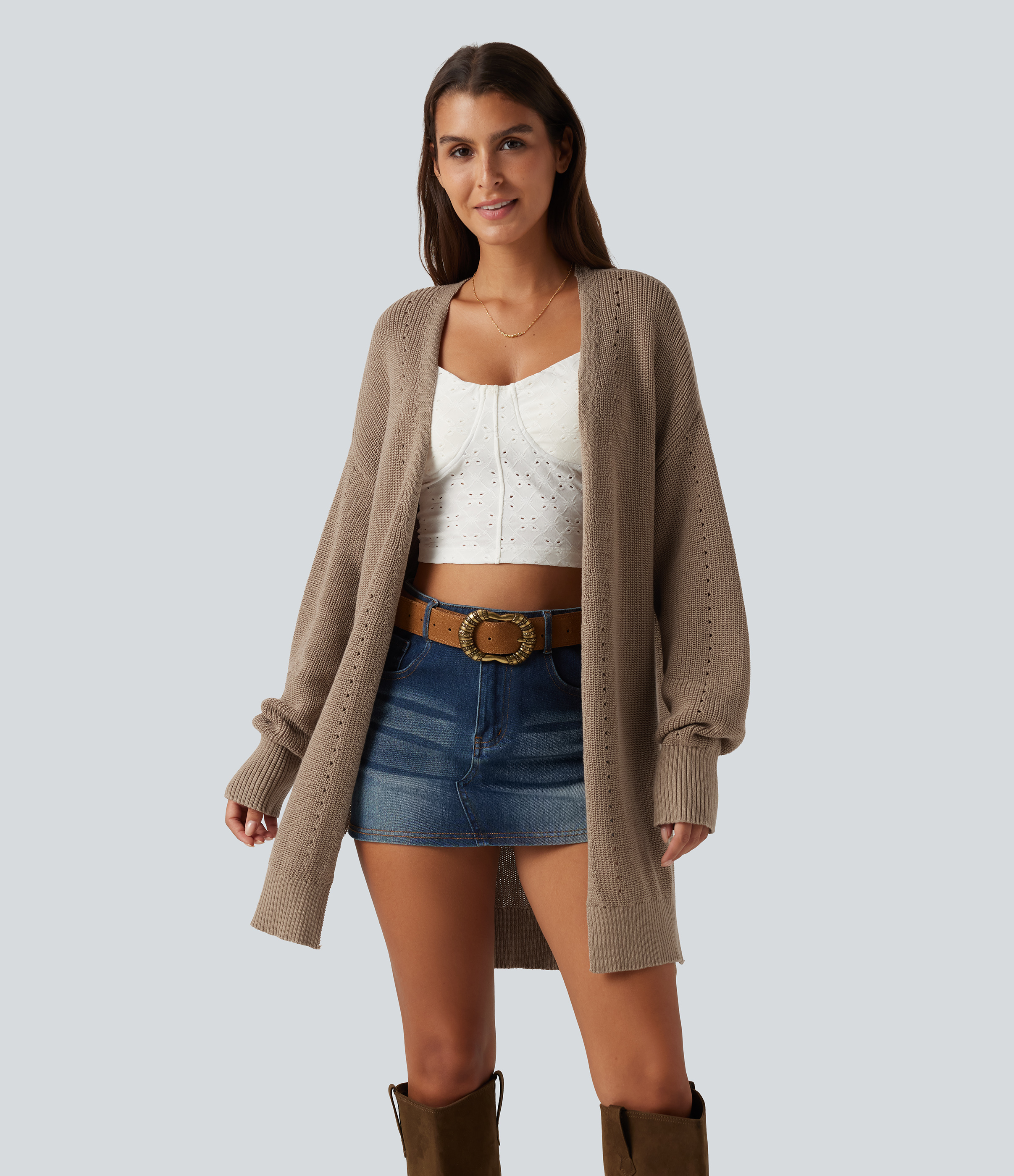 V Neck Open Front Long Sleeve Longline Casual Cardigan