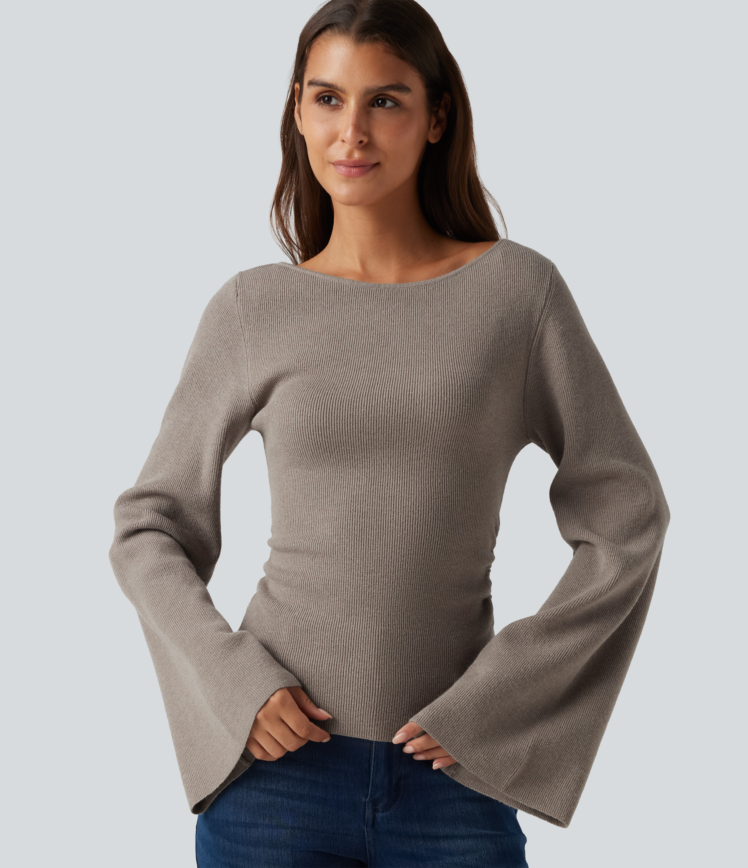 Boat Neck Flounce Long Sleeve Casual Sweater