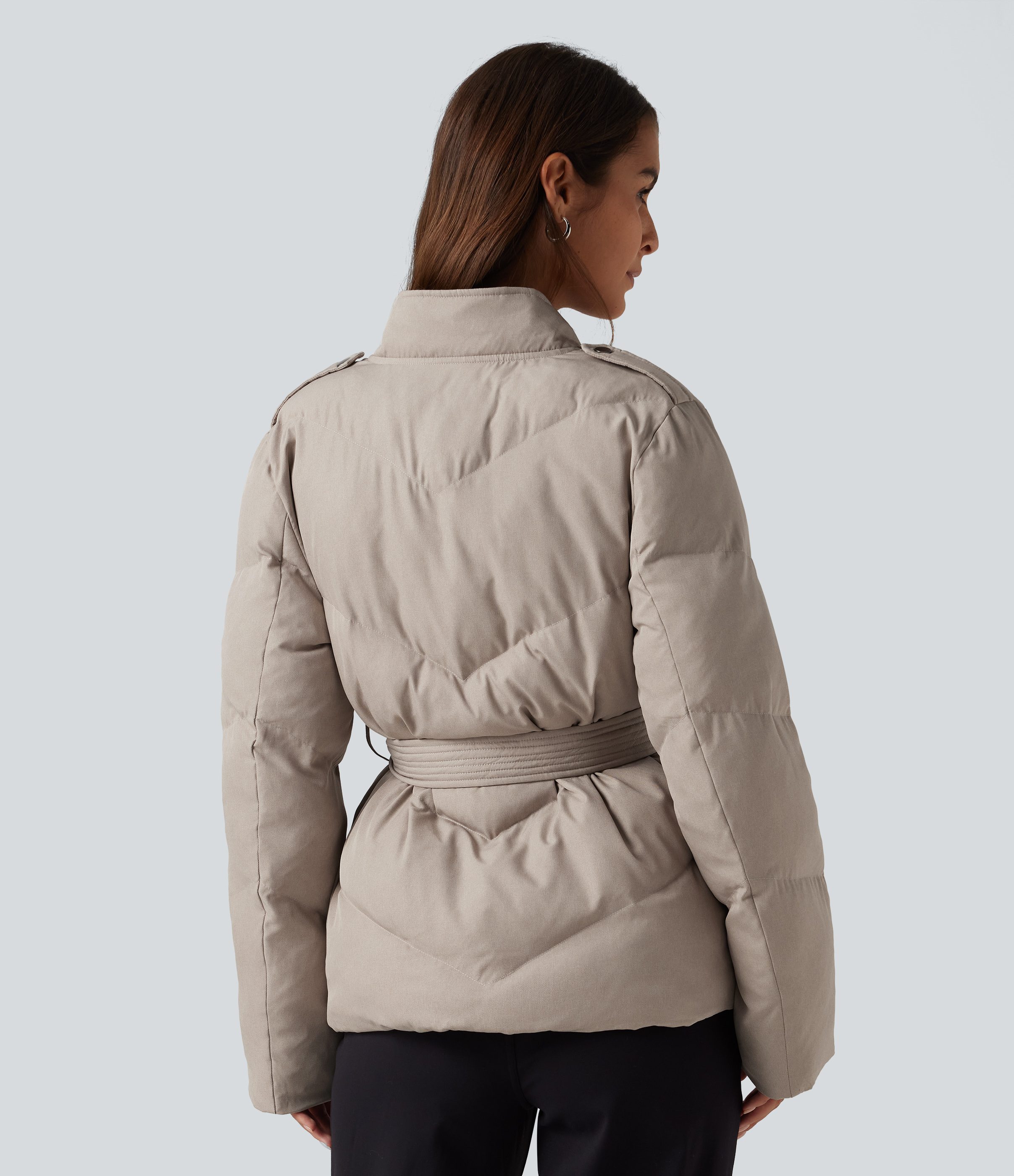 Island Fossil V Neck Long Sleeve Belted Casual Down Jacket with Pockets / 2
