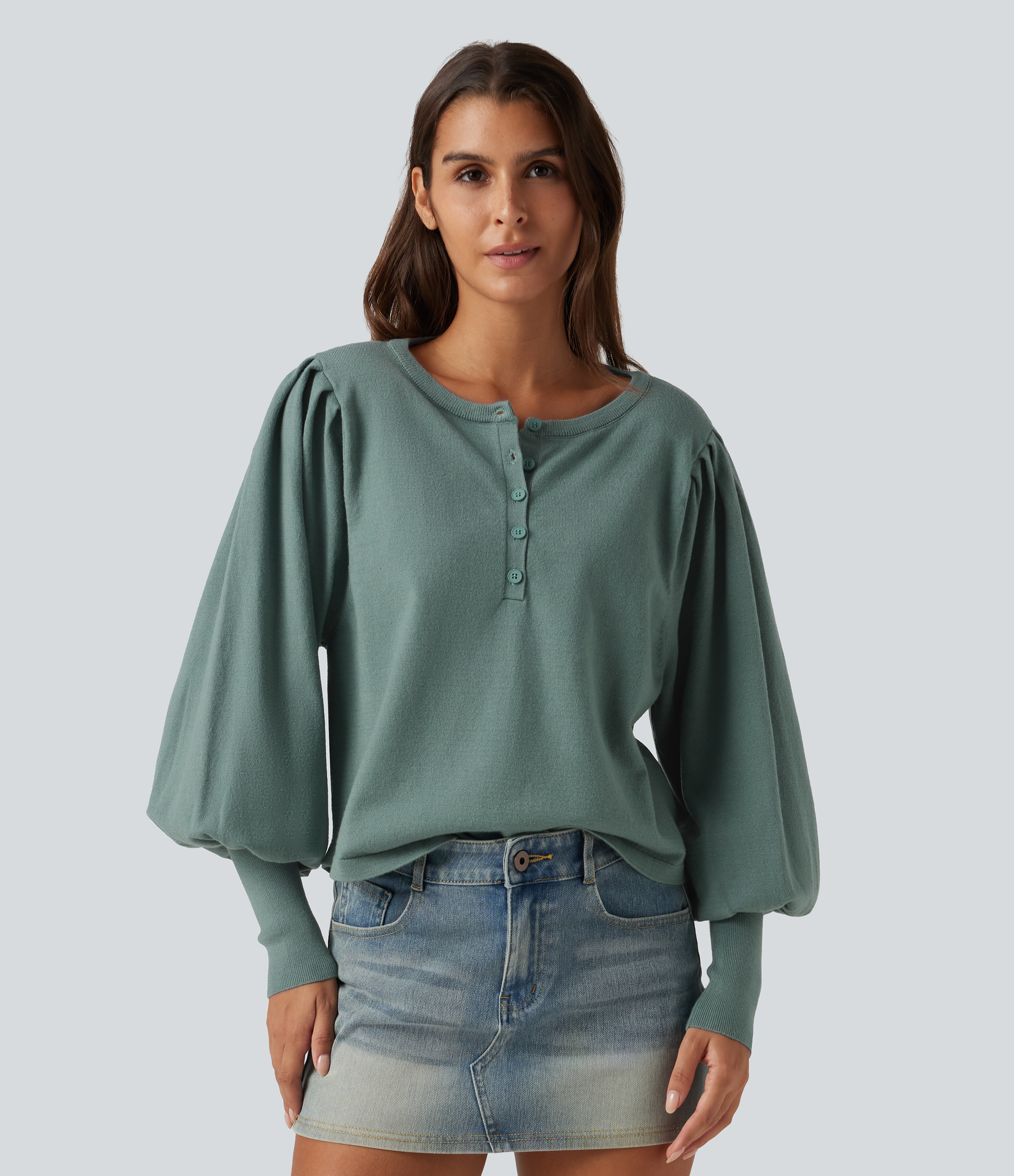 Henley Neck Puff Long Sleeve Relaxed Work Sweater