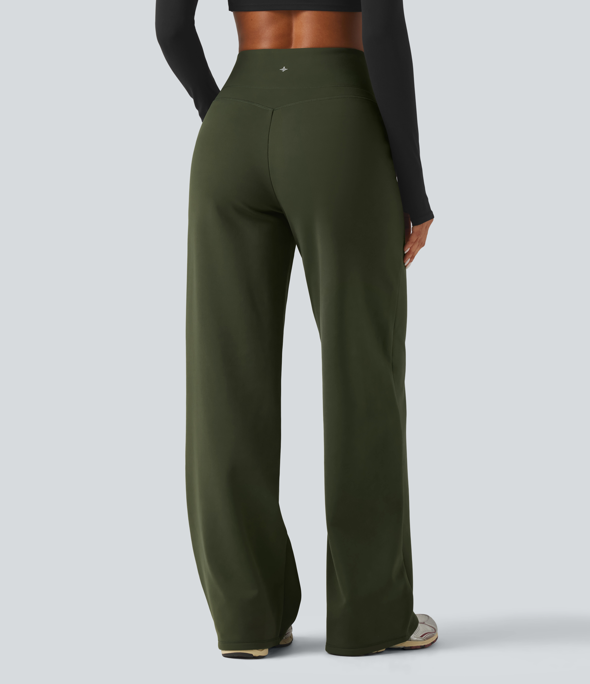 Deep Woodland Green High Waisted Tummy Control Straight Leg Fleece Yoga Pants with Pockets / 2