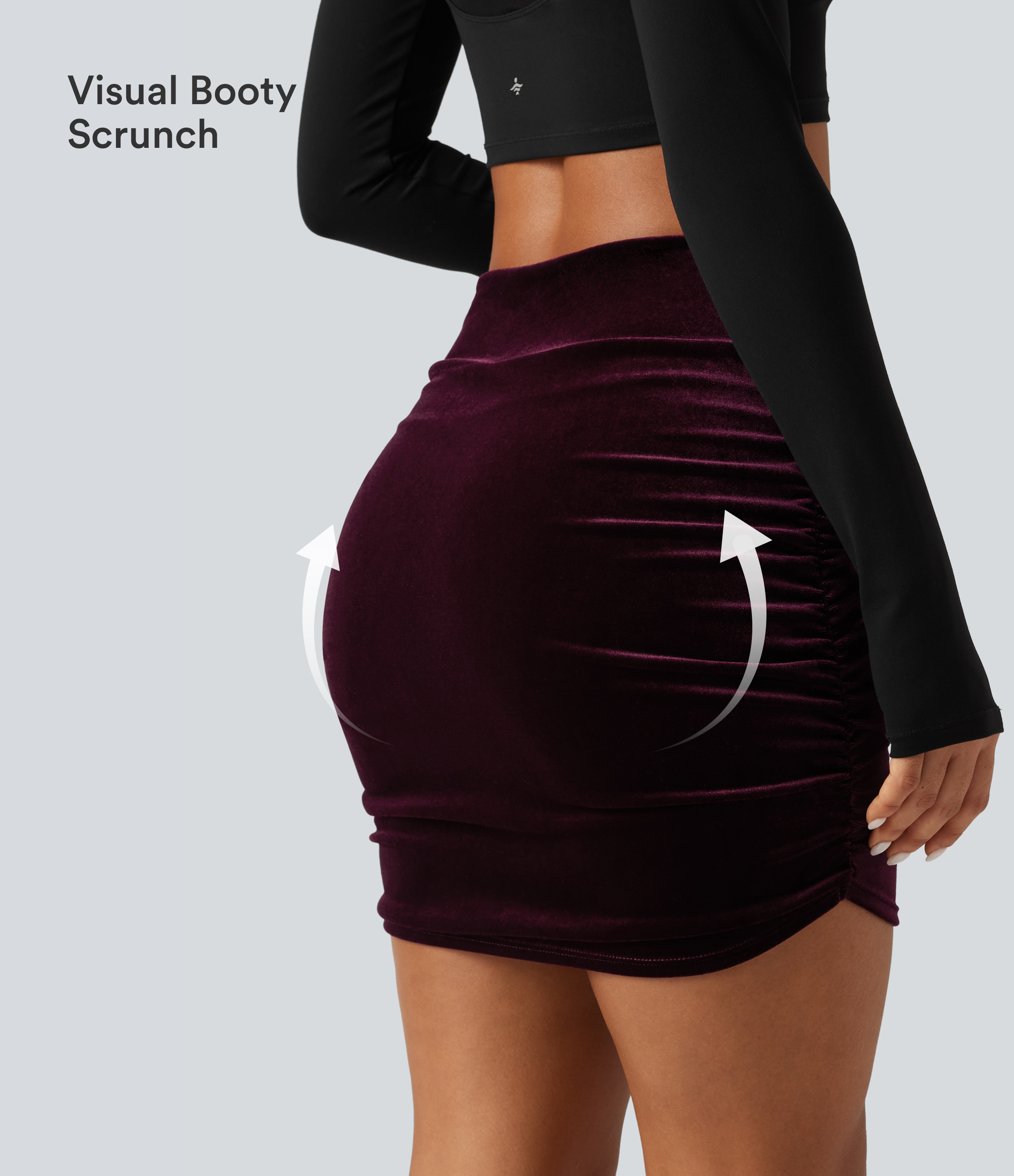 Dusky purple High Waisted Tummy Control Ruched 2-in-1 Bodycon Velvet Mini Party Skirt-Longer Length / 2