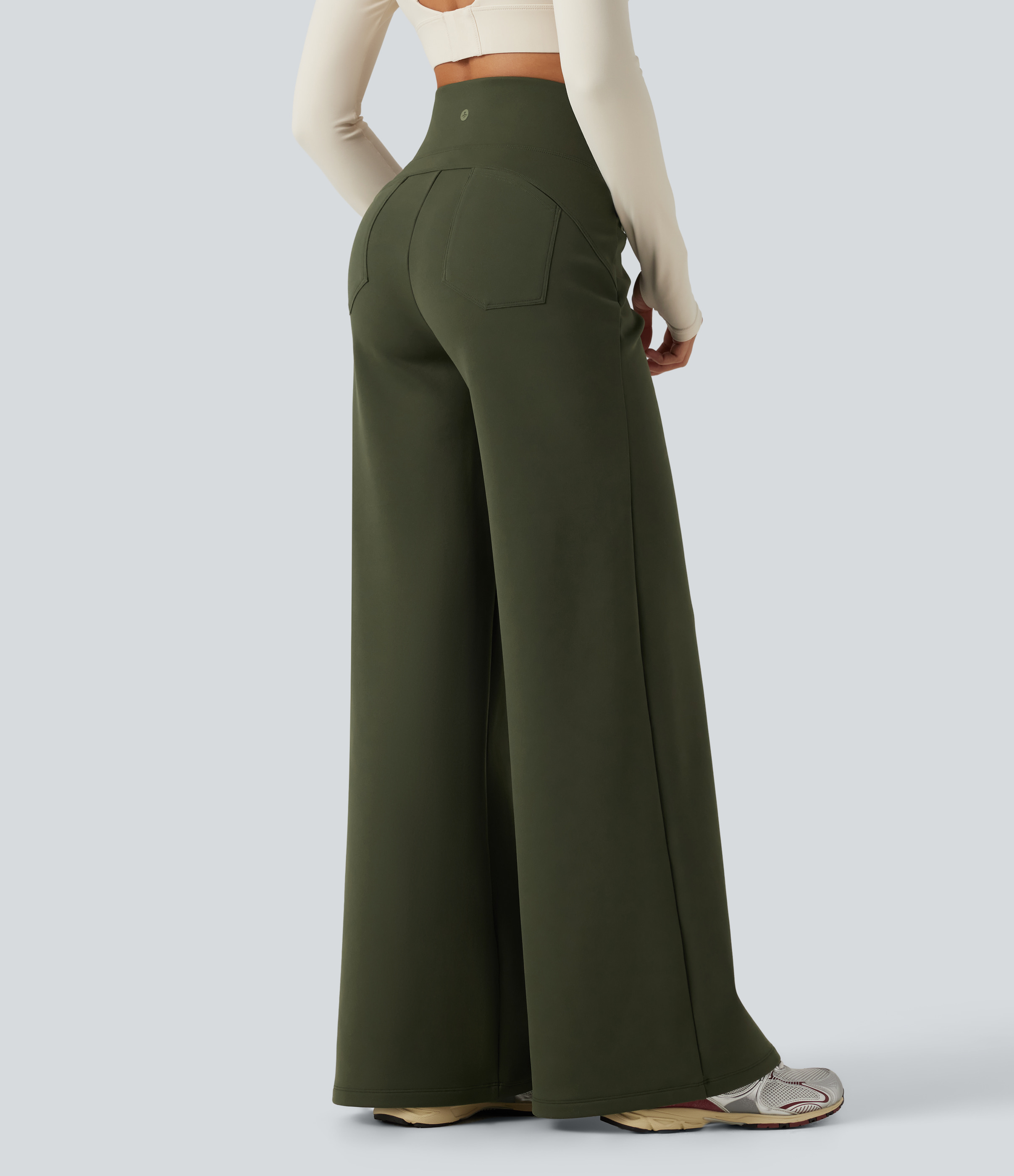 Deep Woodland Green High Waisted Tummy Control Straight Leg Fleece Yoga Pants with Pockets / 2
