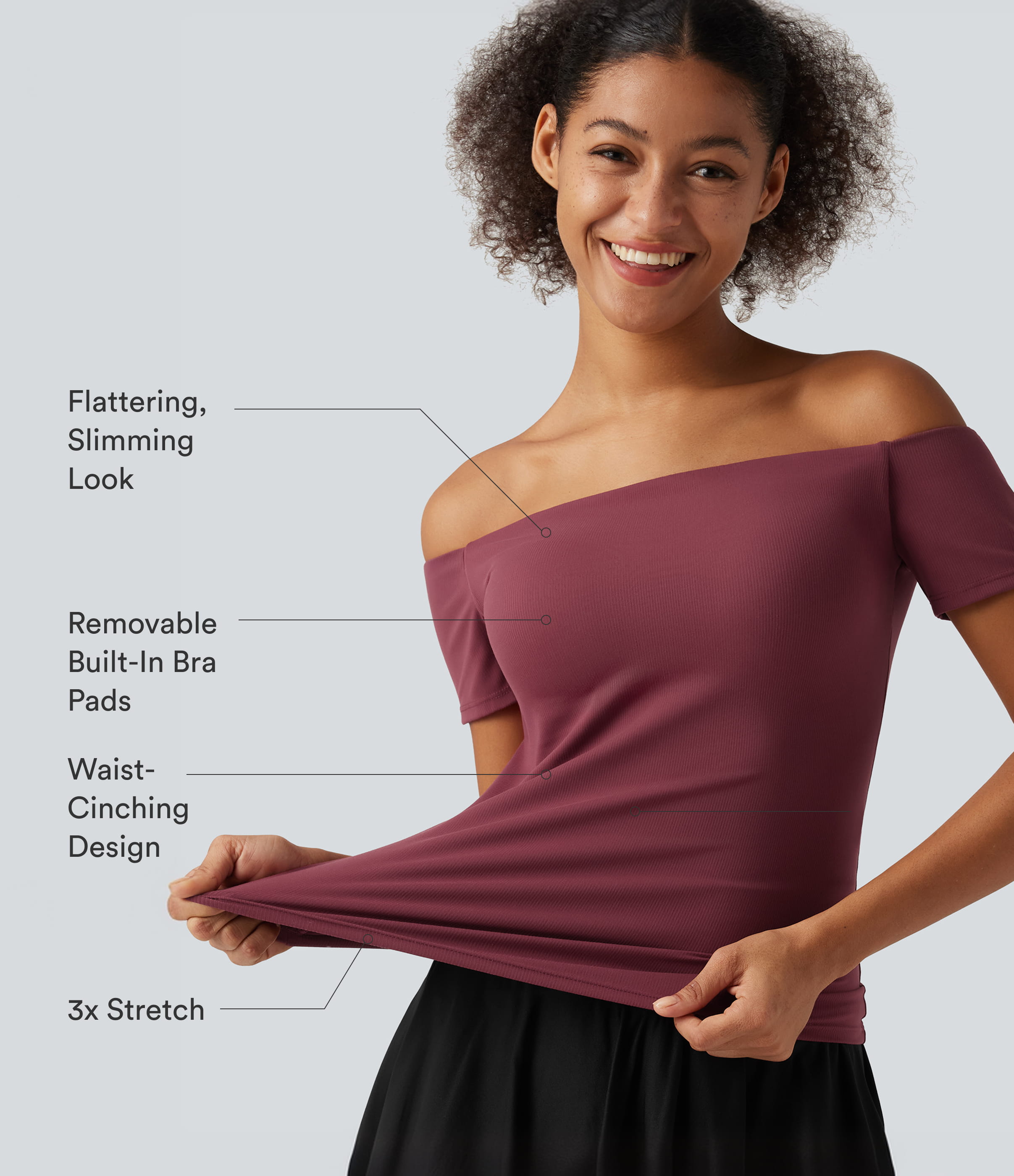 Deep Wine Κοντομάνικο off-shoulder τοπ με ενσωματωμένο σουτιέν για χορό και άθληση (κύπελλα B–DD) / 2