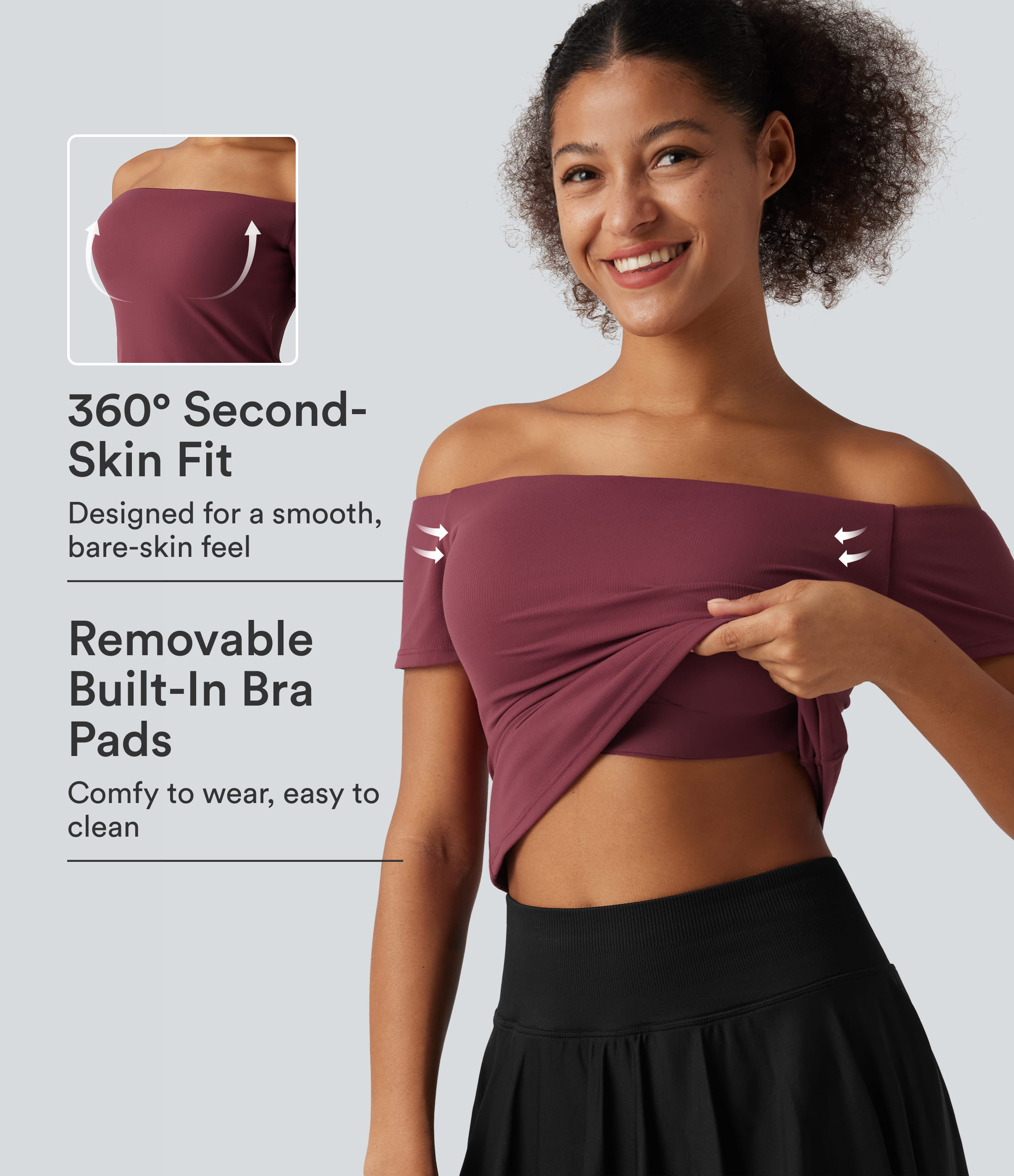 Off Shoulder Short Sleeve Built-in Bra Dance Sports Top B-DD Cups