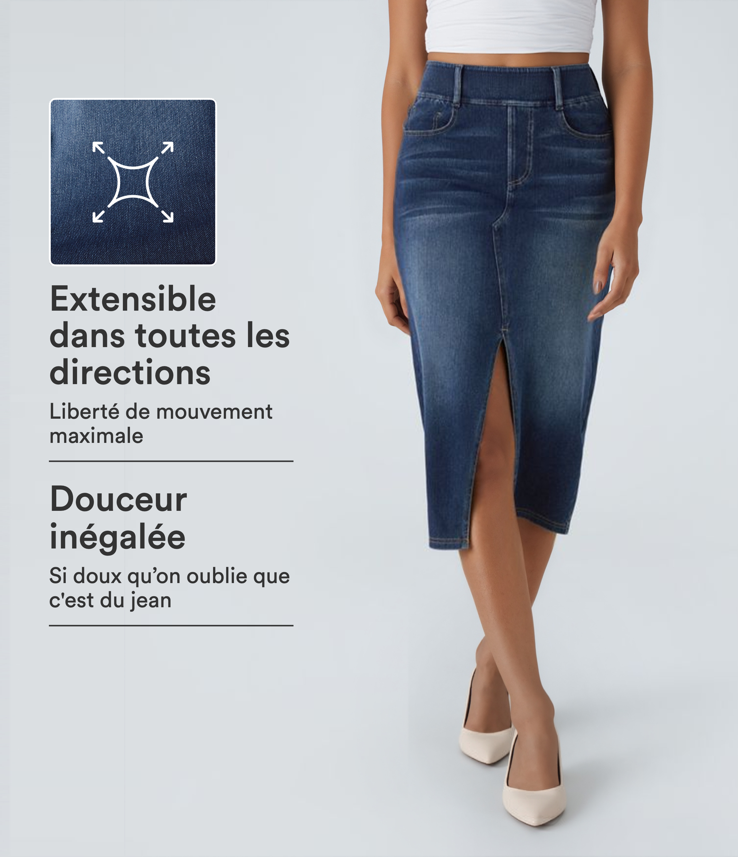 Halara Flex™ Jupe en Jean Casual Mi-Longue Délavé Extensible Plusieurs Poches Taille Haute