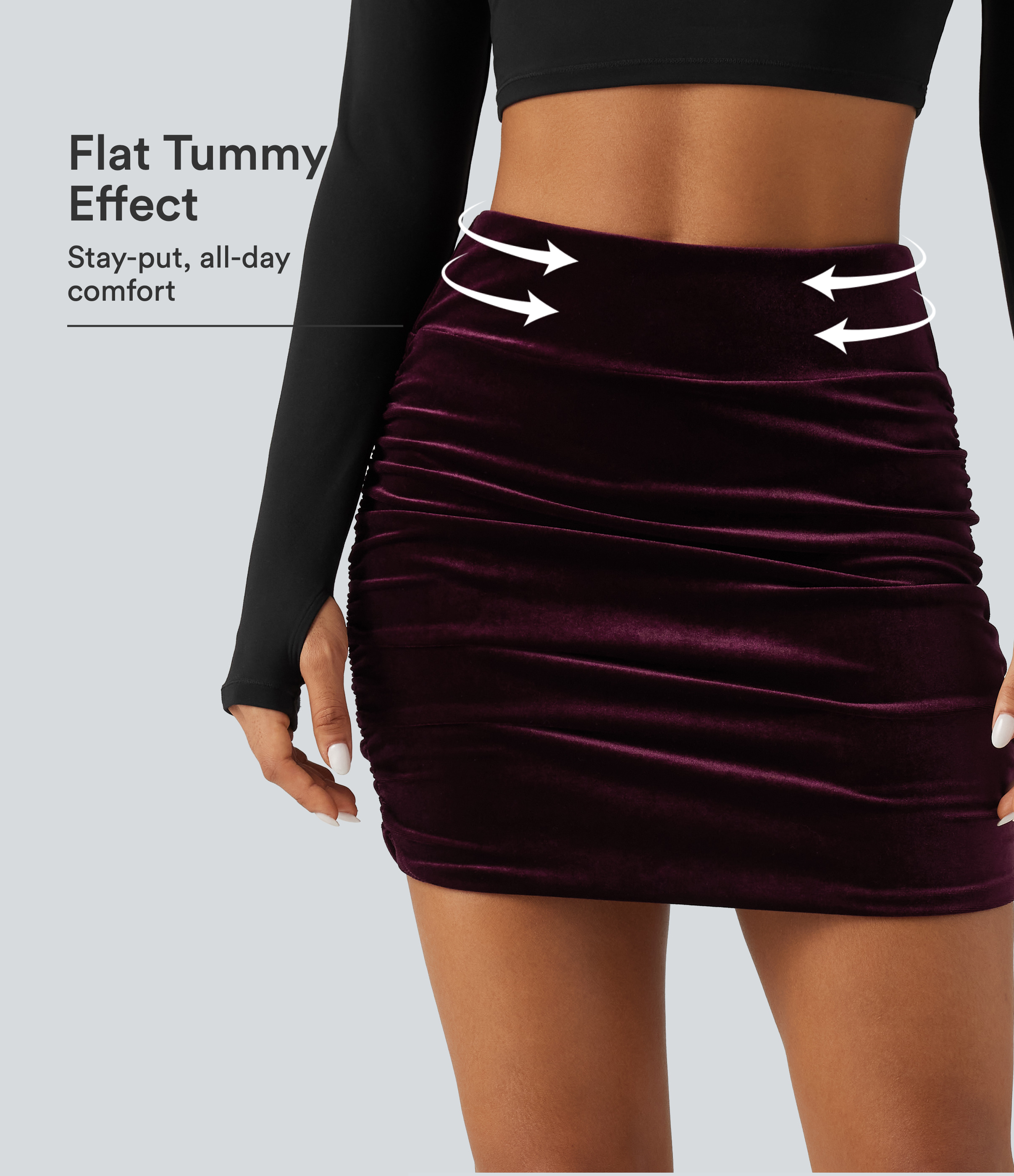 Dusky purple High Waisted Tummy Control Ruched 2-in-1 Bodycon Velvet Mini Party Skirt-Longer Length / 1
