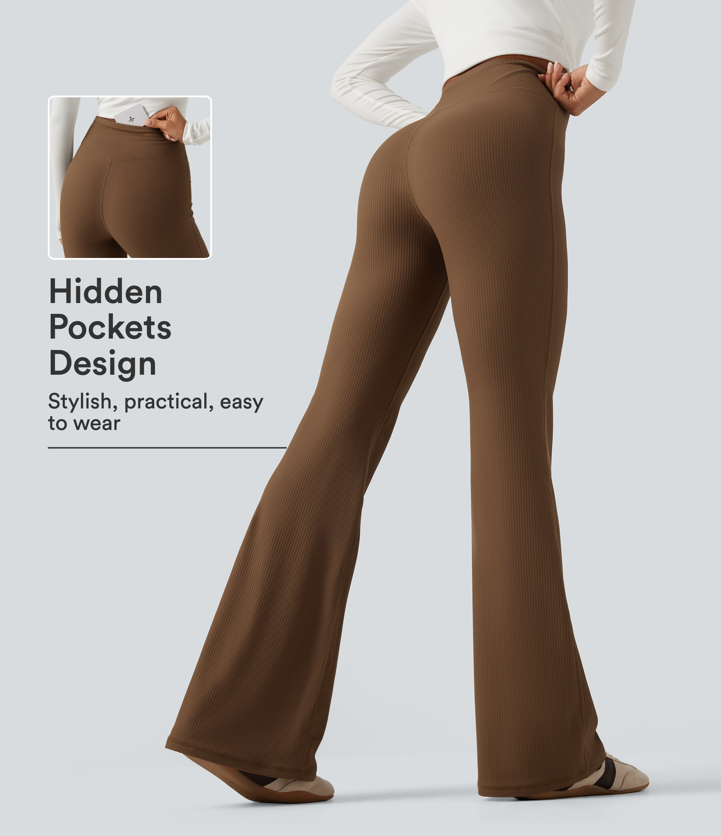 Ribbed High Waisted Bootcut Yoga Leggings with Pocket