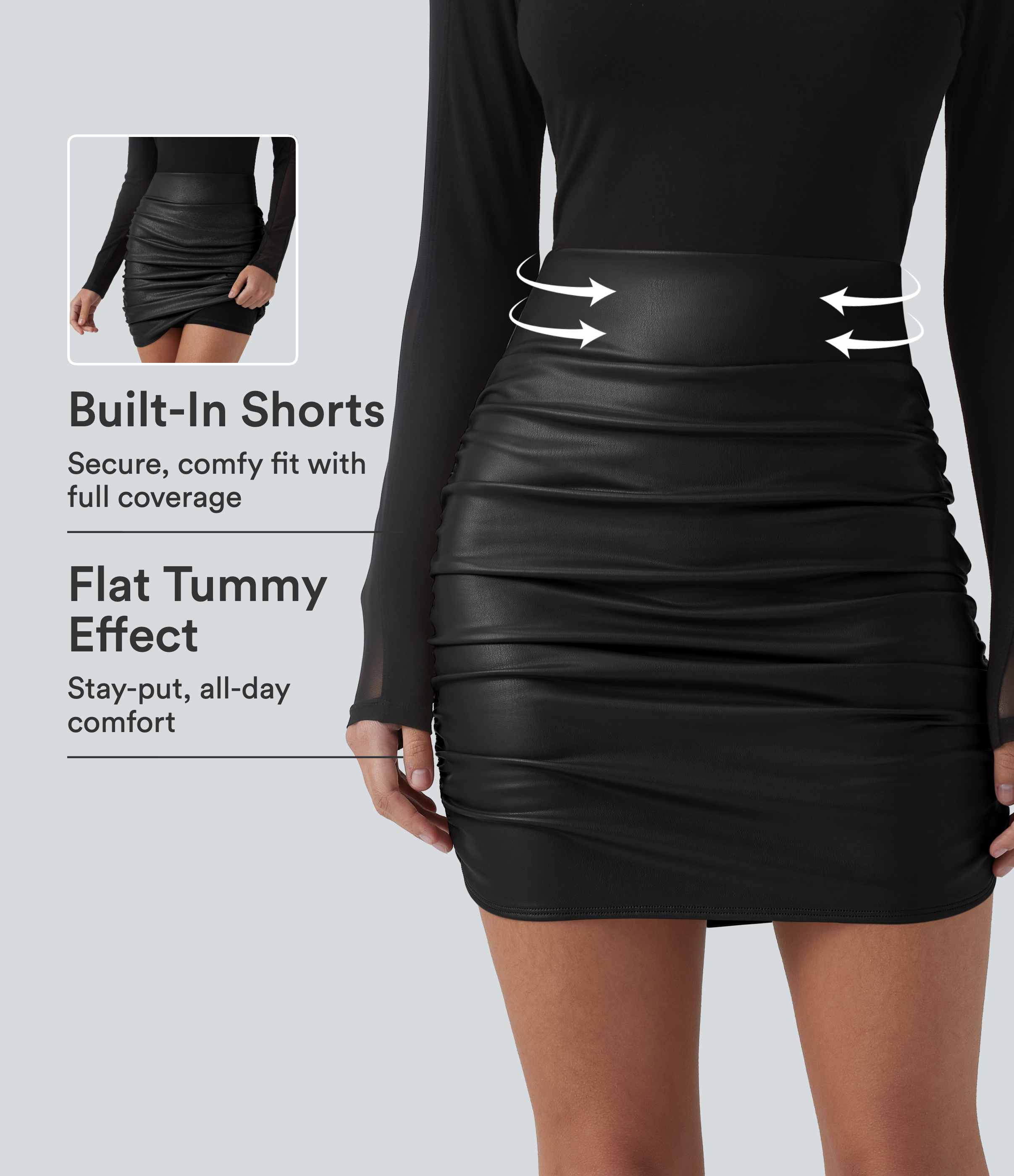 High Waisted Tummy Control Ruched Curved Hem 2-in-1 Fleece PU Mini Bodycon Party Skirt-Longer Length