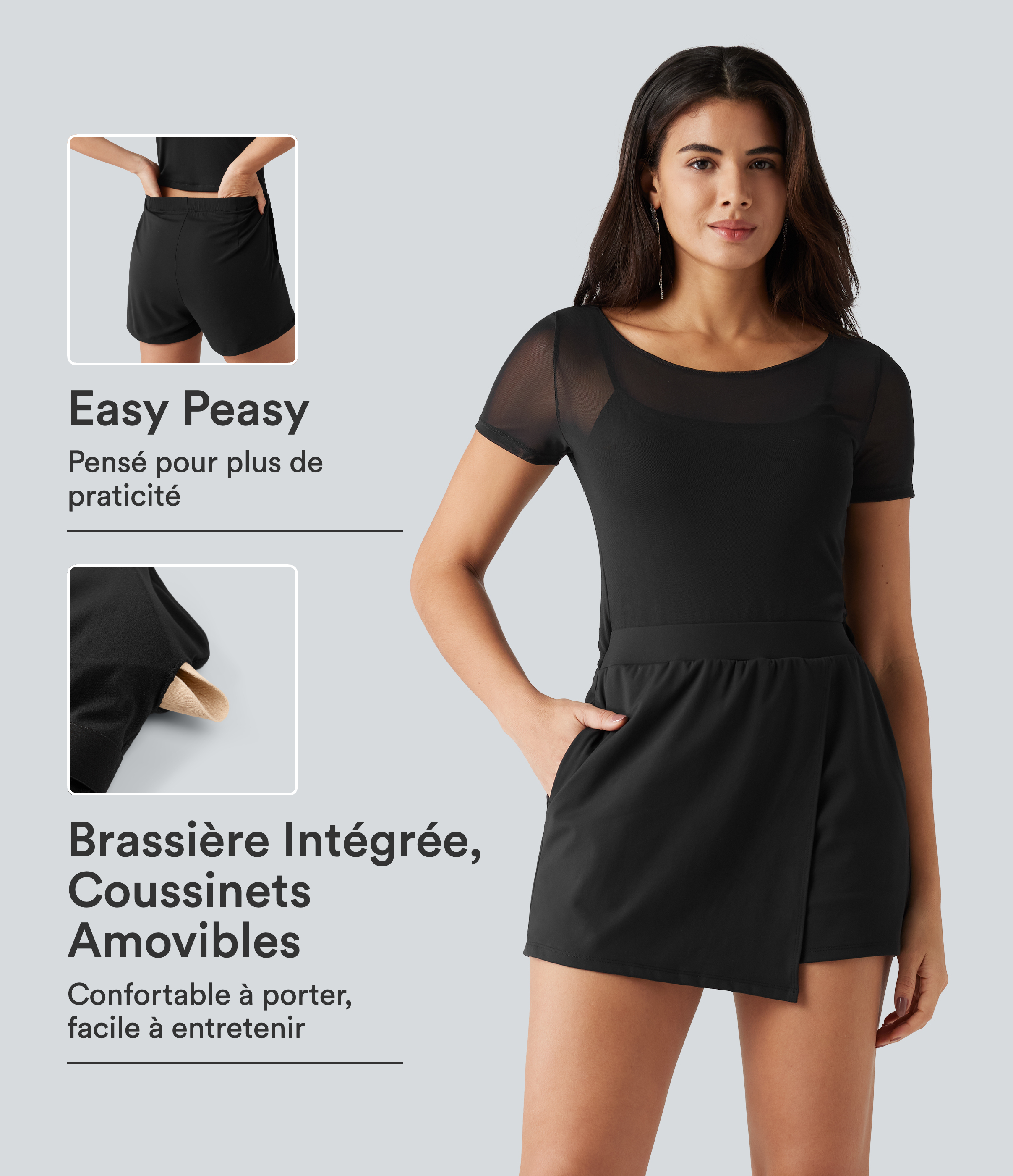 Combishort de soirée SoftlyZero™ Plush à encolure bateau avec coussinets amovibles, mesh contrasté et poches, accès facile Easy Peasy