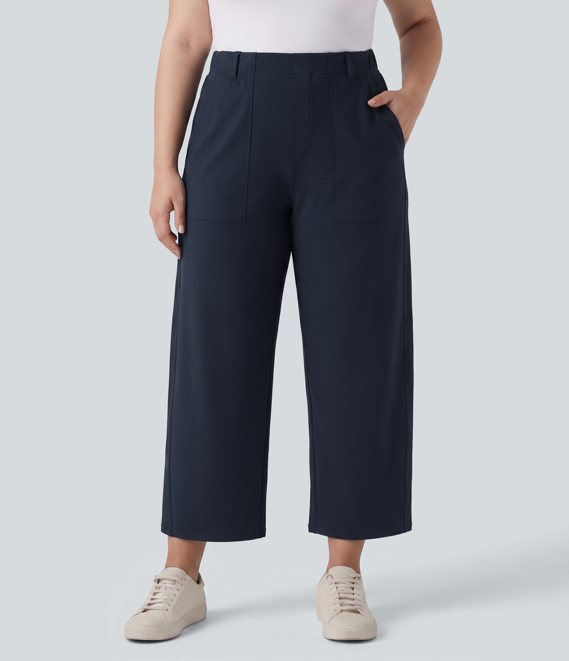 Plus size DayStretch casualbukser med høj talje, barrel-leg og lommer
