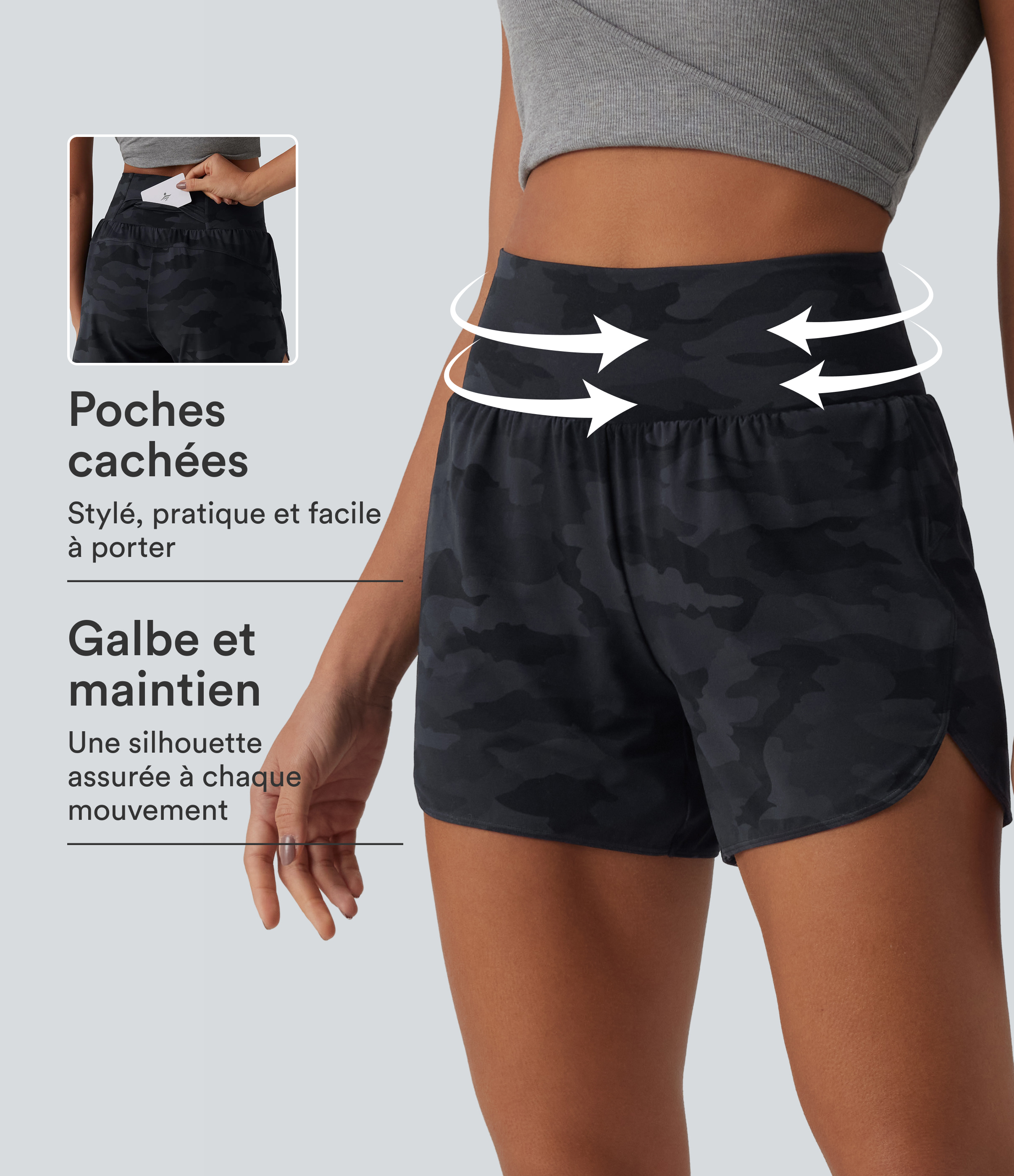 Midnight Shadow Camo Short de running 2 en 1 Halara UltraSculpt™ gainant imprimé camouflage, taille haute, ourlet incurvé, 10 cm, avec poche / 1