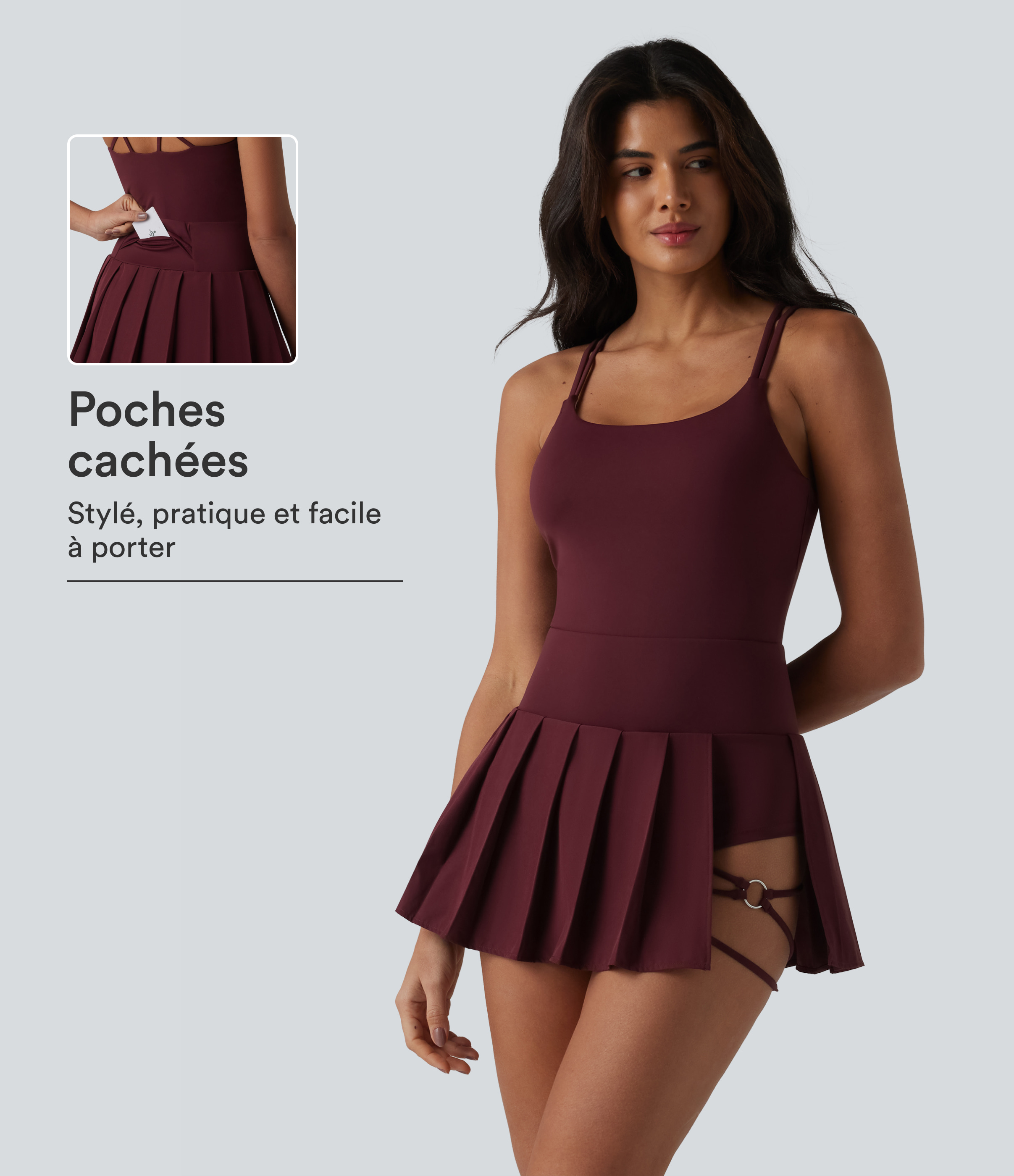 Robe sport mini 2-en-1 à bretelles col U, dos nu croisé, plissée à ourlet asymétrique, soutien-gorge intégré et poches