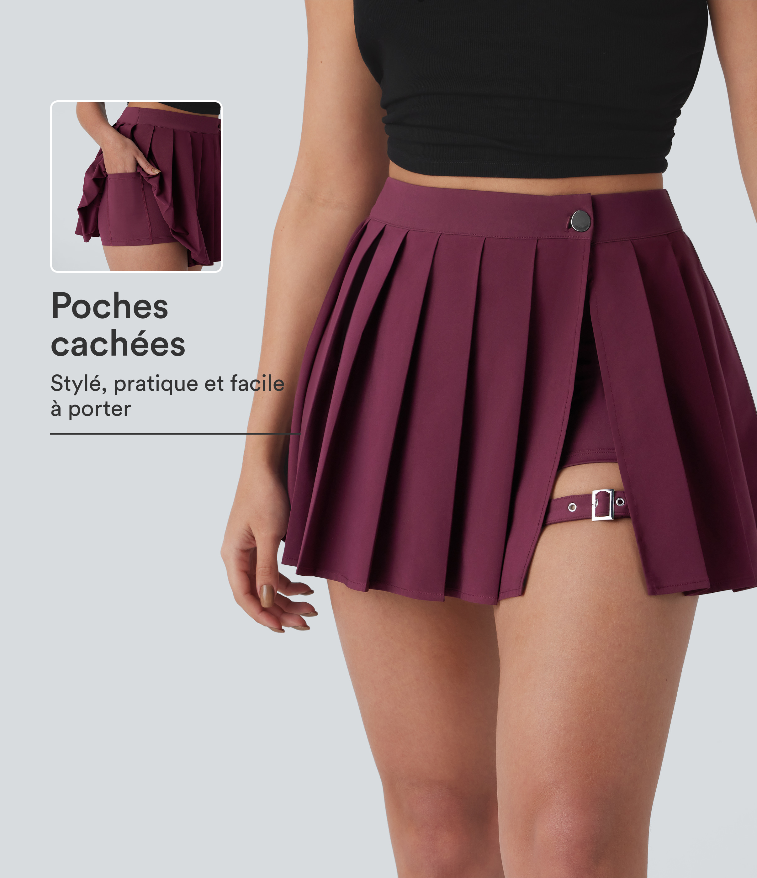Jupe décontractée Breezeful™ mini 2-en-1 taille haute plissée portefeuille à boucle ajustable avec poche latérale séchage rapide