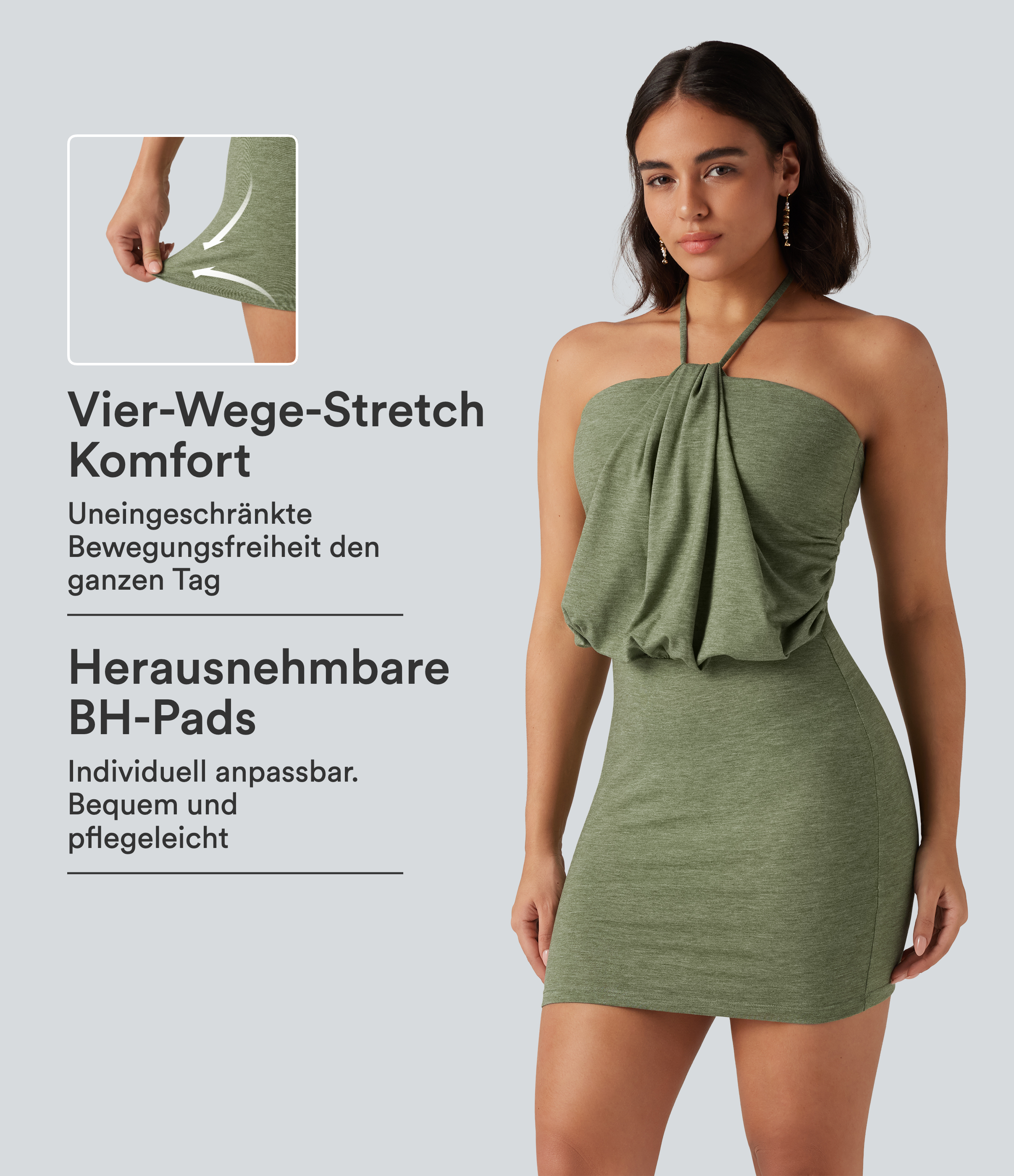 Light Green Floral Yarn Lässiges, gerafftes Minikleid mit Schnürung hinten / 1