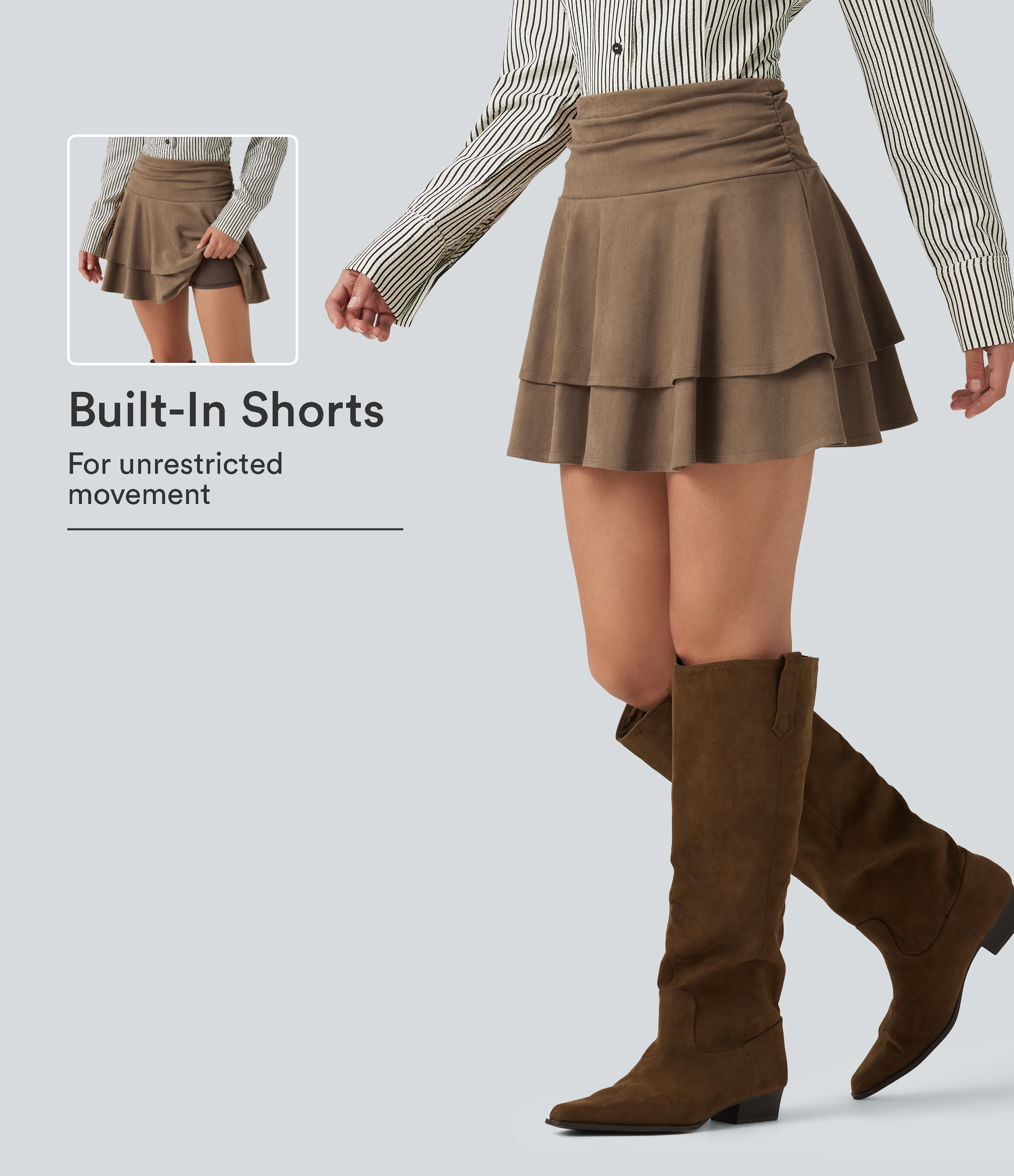 High Waisted Ruched Layered 2-in-1 Suede Mini Casual Skirt