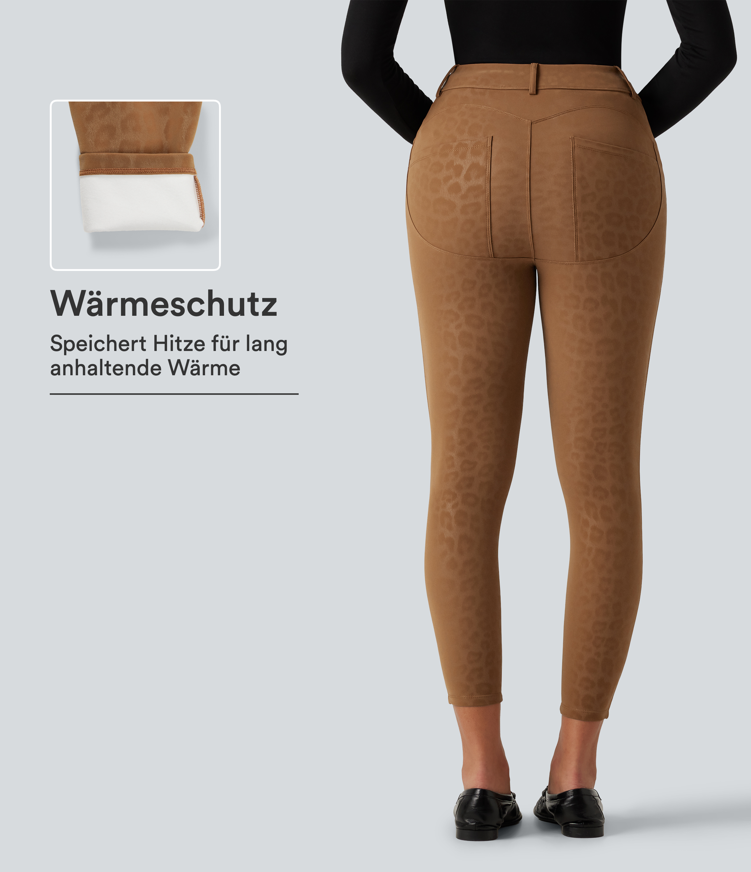 Lässige Fleece-Leggings aus elastischem Kunstleder mit hohem Bund, Gesäßtaschen und Leopardenmuster