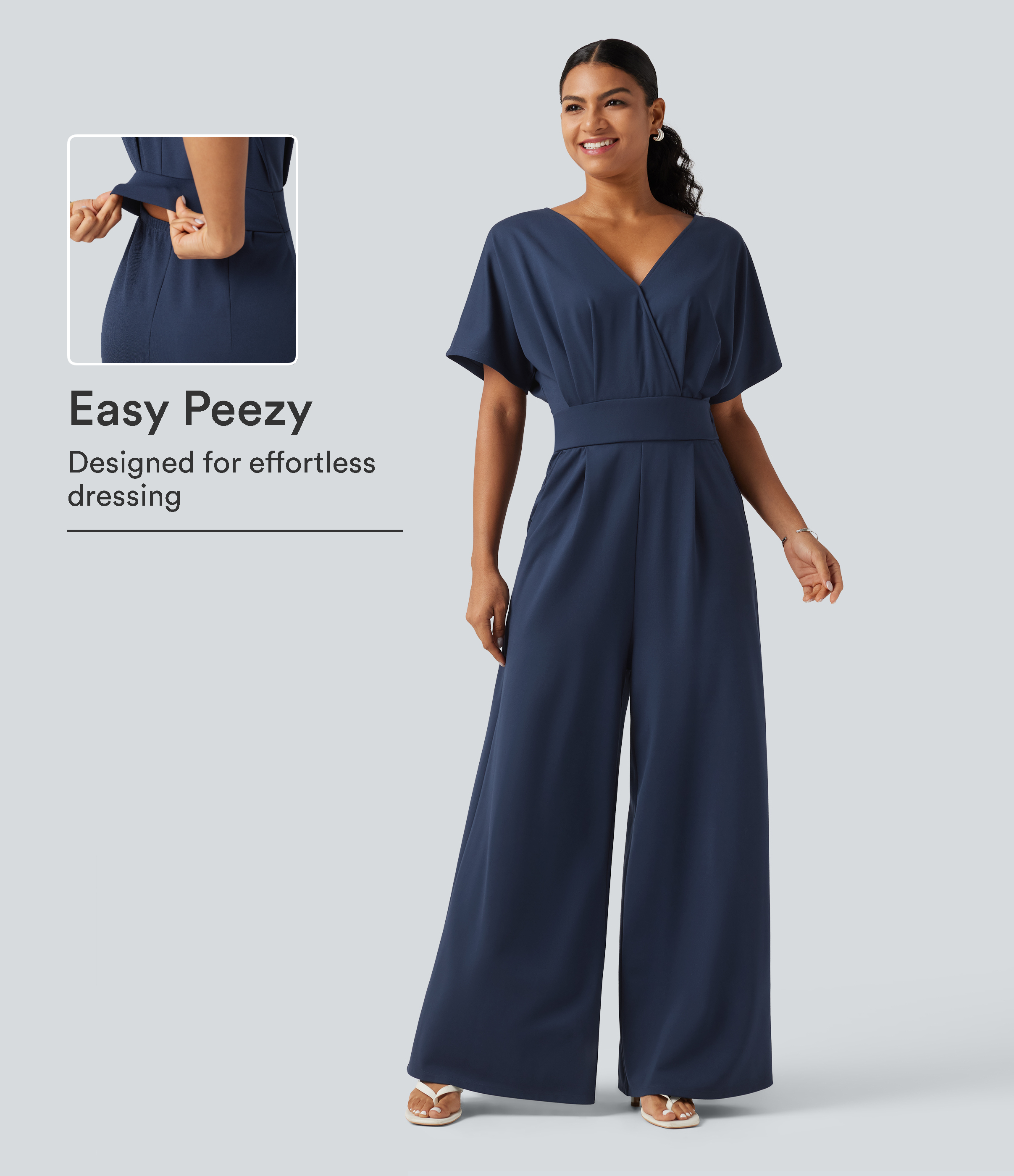 V Neck Short Sleeve Ruched Wide Leg Casual Jumpsuit with Pockets -Easy Peezy Edition