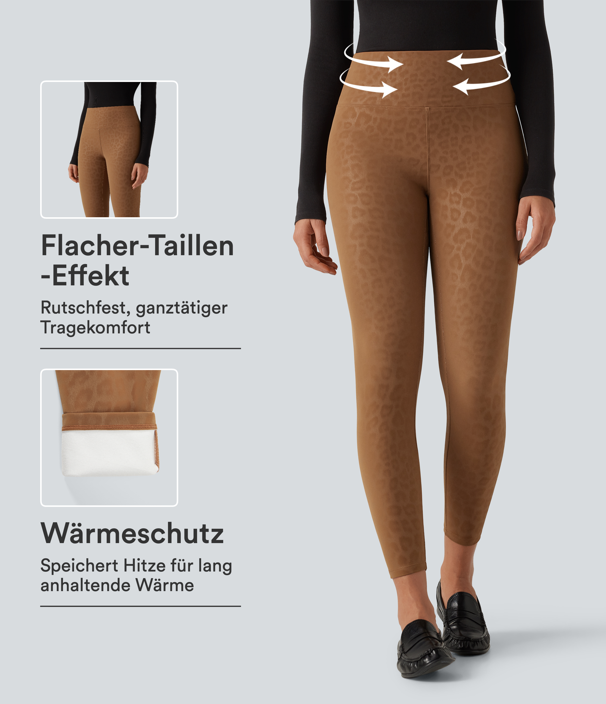 Lässige Fleece-Leggings aus elastischem Kunstleder mit hohem Bund, Gesäßtaschen und Leopardenmuster