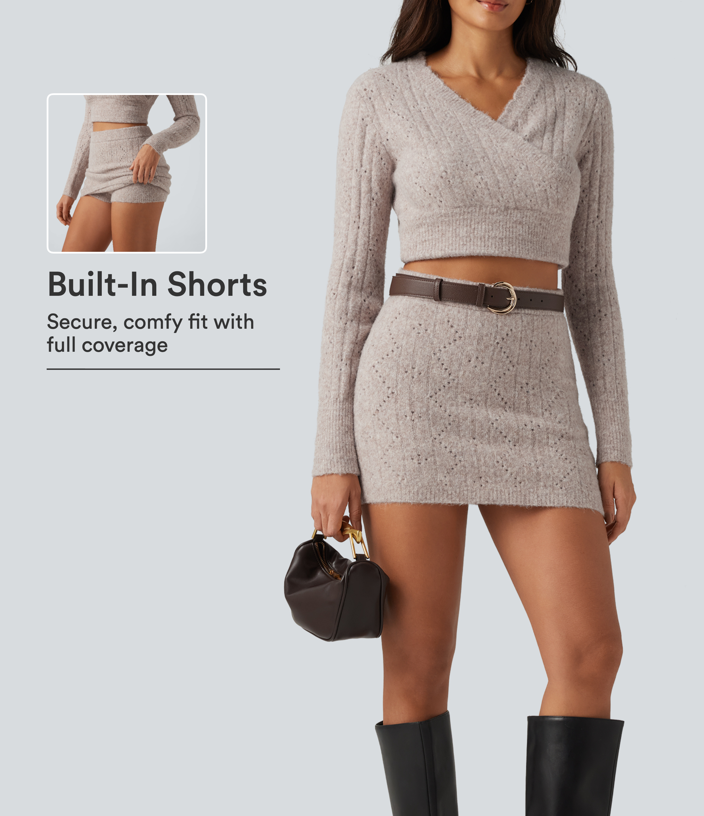 Chateau Gray High Waisted 2-in-1 Open Knit Mini Casual Sweater Skirt  / 1