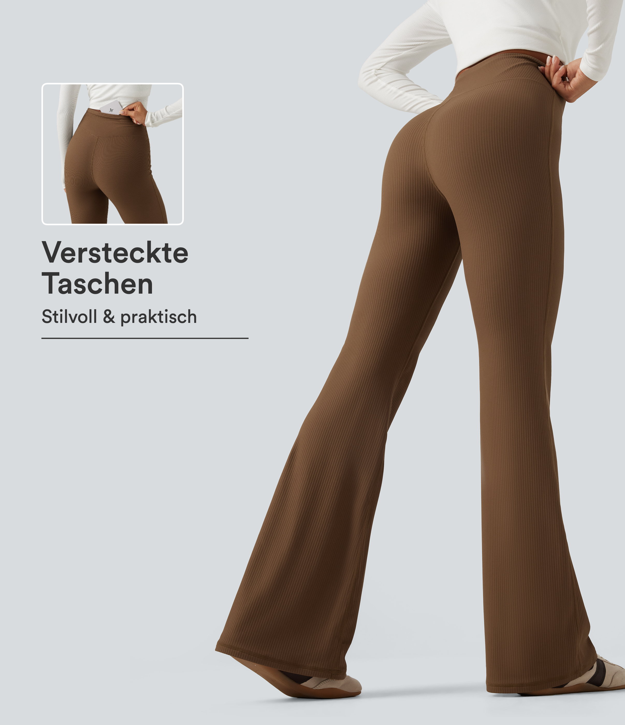 Geraffte Bootcut-Yoga-Leggings mit hohem Bund und Bundtasche