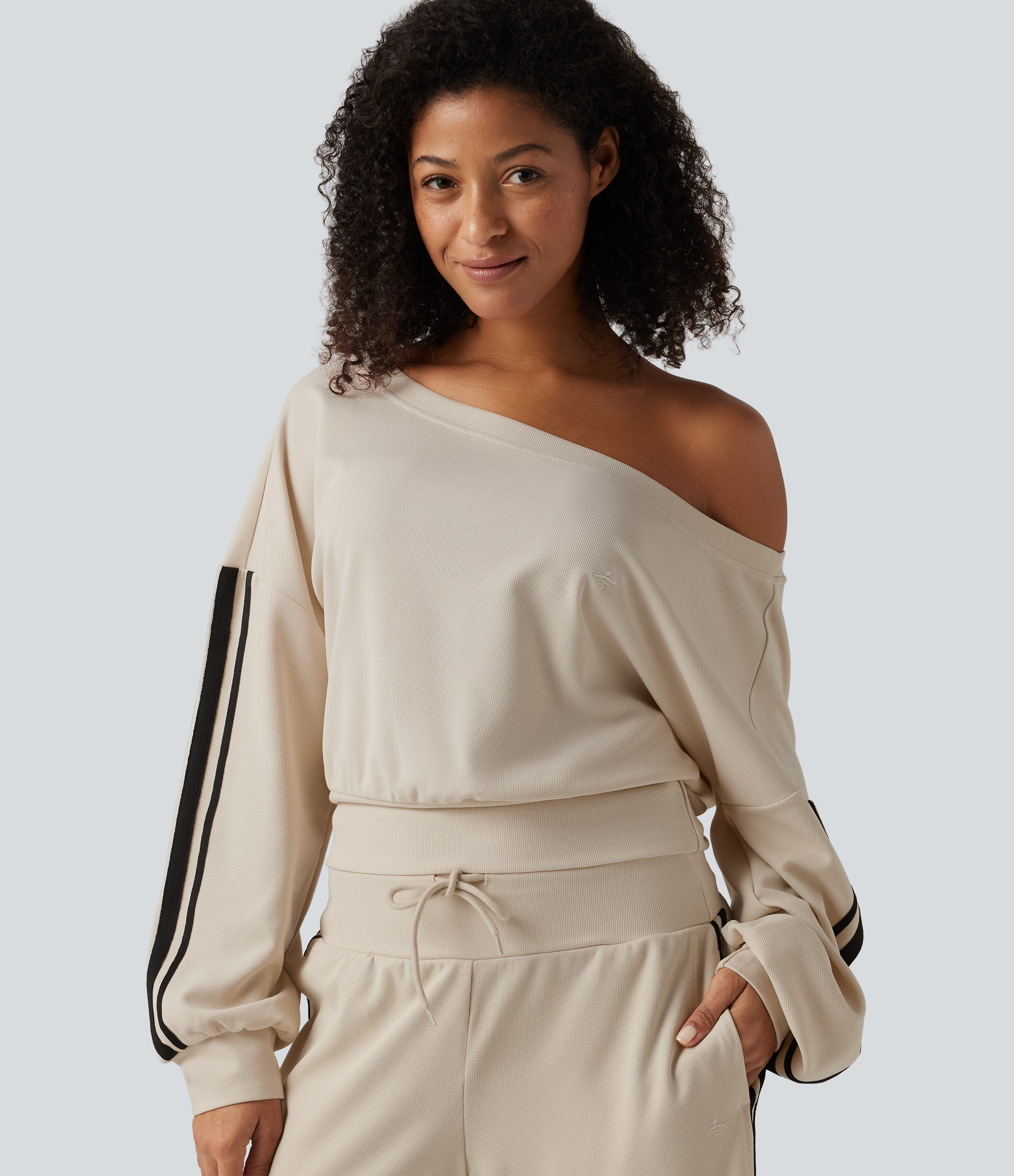 Boat Neck Long Sleeve Side Stripe Waffle Casual Top