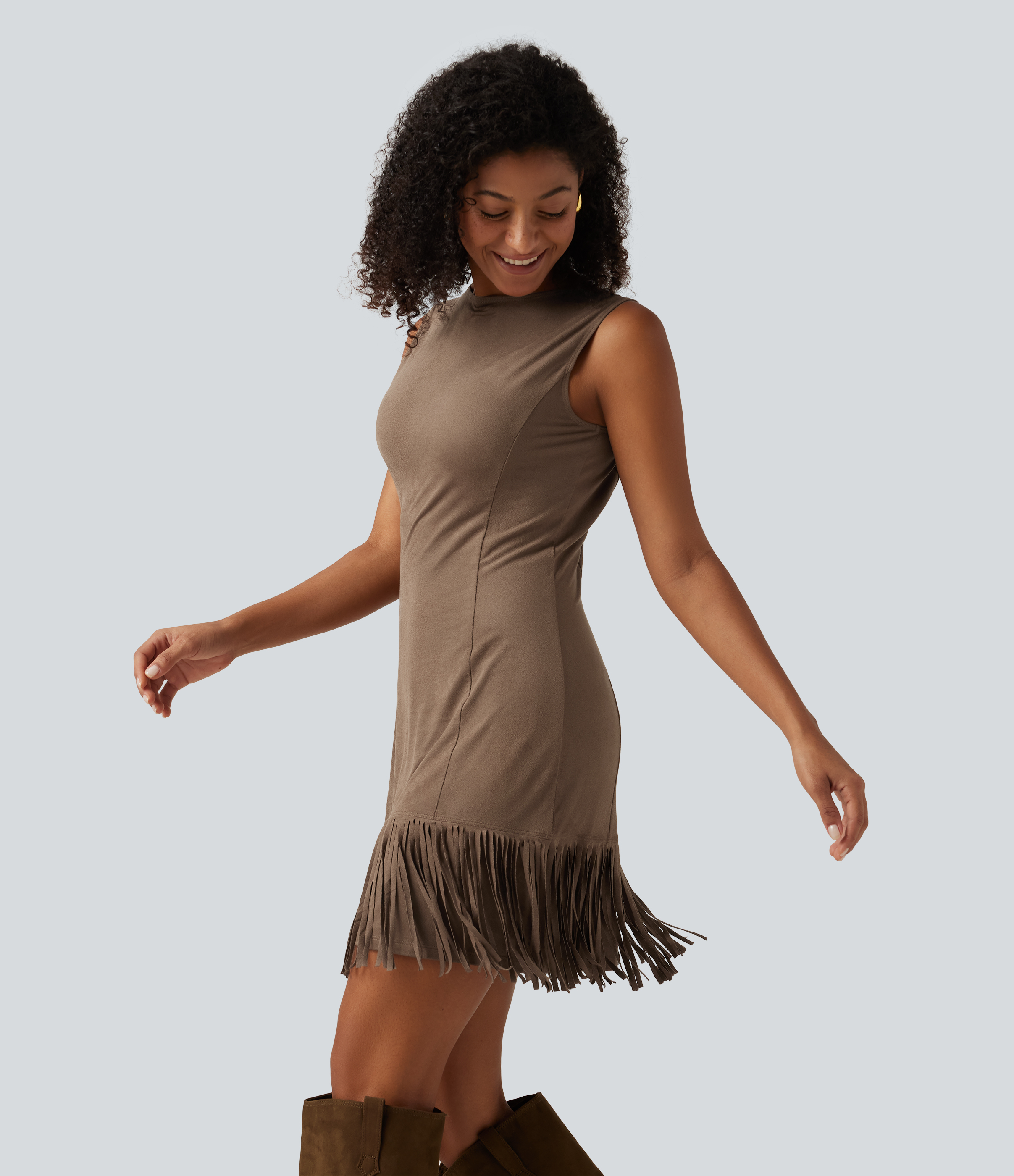 Round Neck Sleeveless Fringe Suede Mini Party Dress