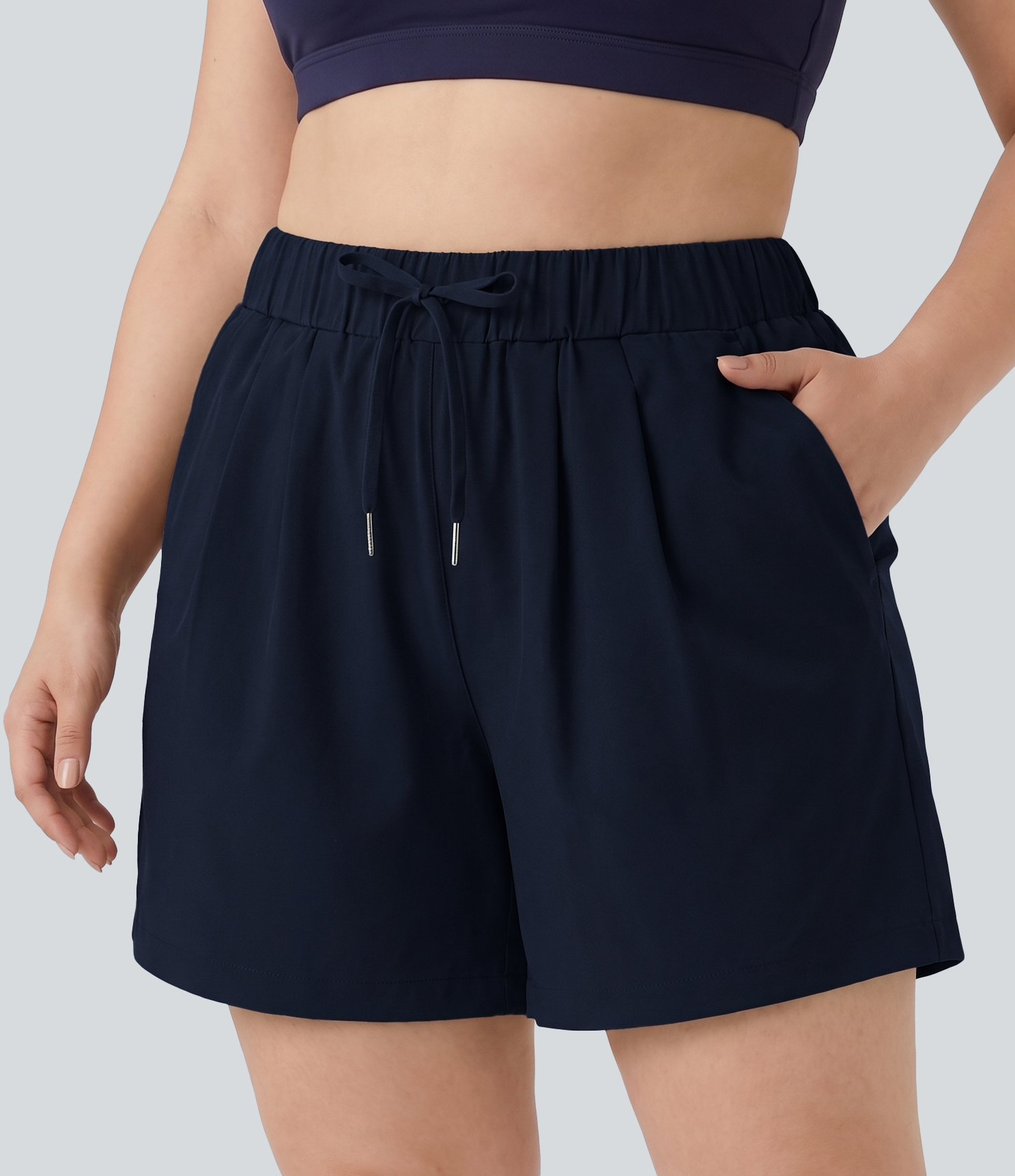 Plus Size High Waisted Elastic Waistband Drawstring Pleated Yoga Shorts 5" with Pockets