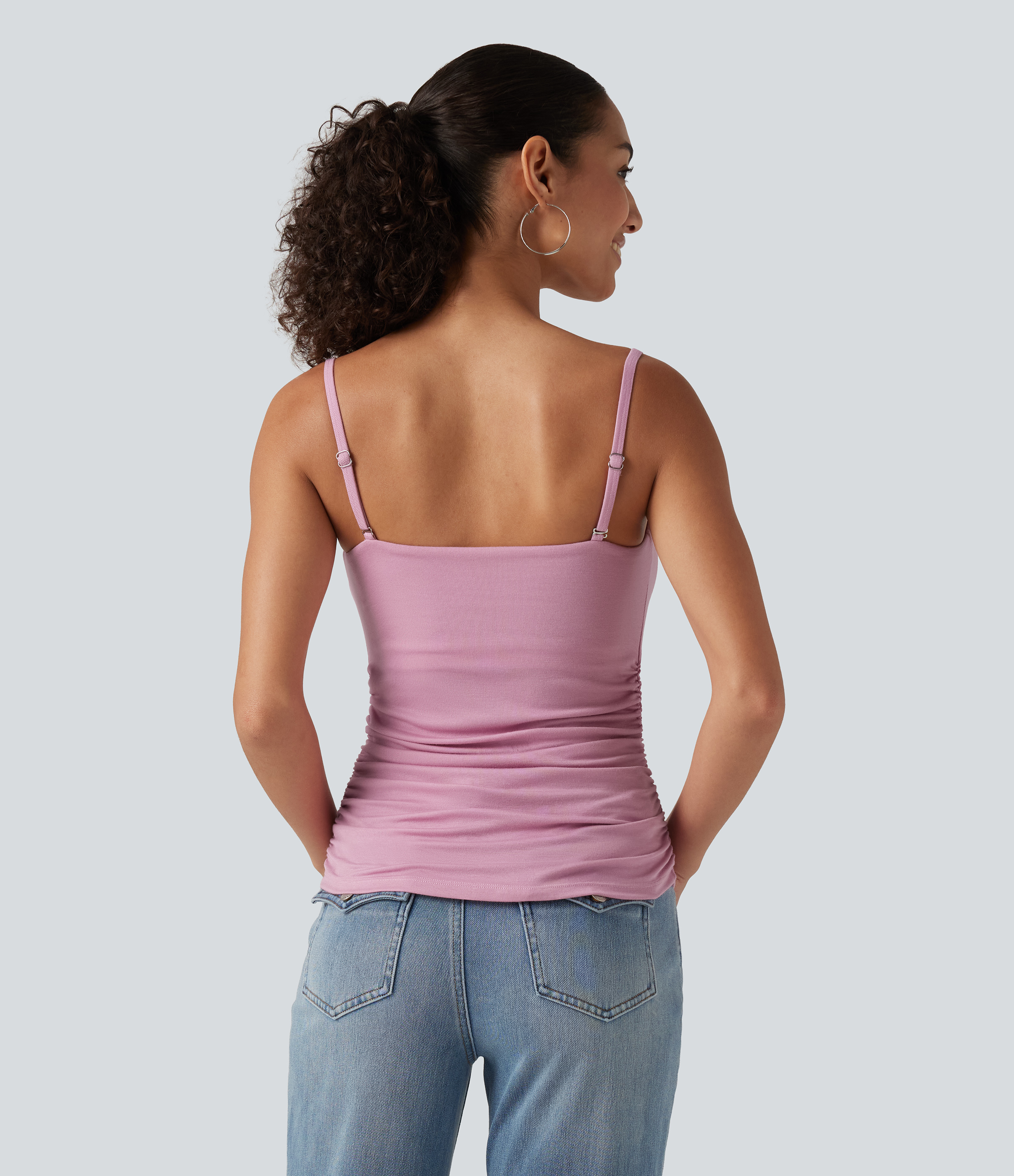 Sweet Lilac Ribbed Cowl Neck Contrast Lace Ruched Built-in Bra Casual Tank Top / 2