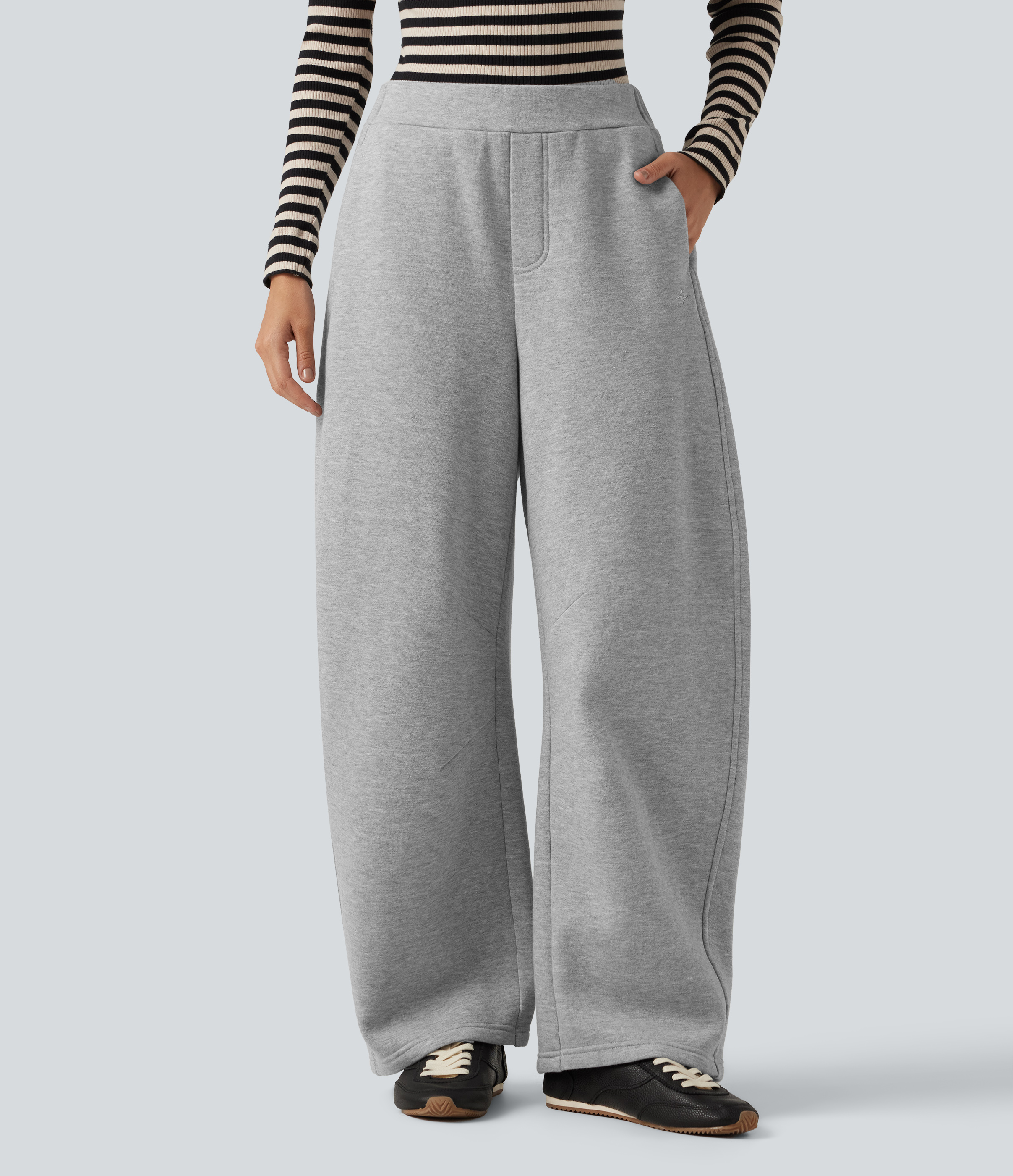 Mid Rise Barrel Leg Fleece Casual Cotton Sweatpants with Pockets