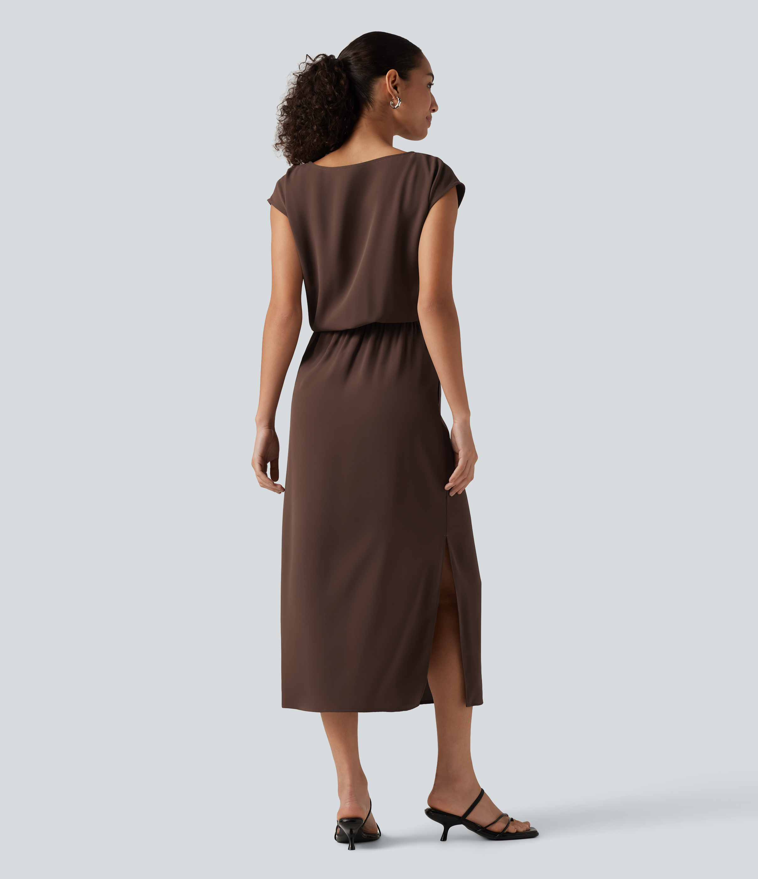 Brown Stone Boat Neck Cap Sleeve Midi Work Dress with Pockets / 2