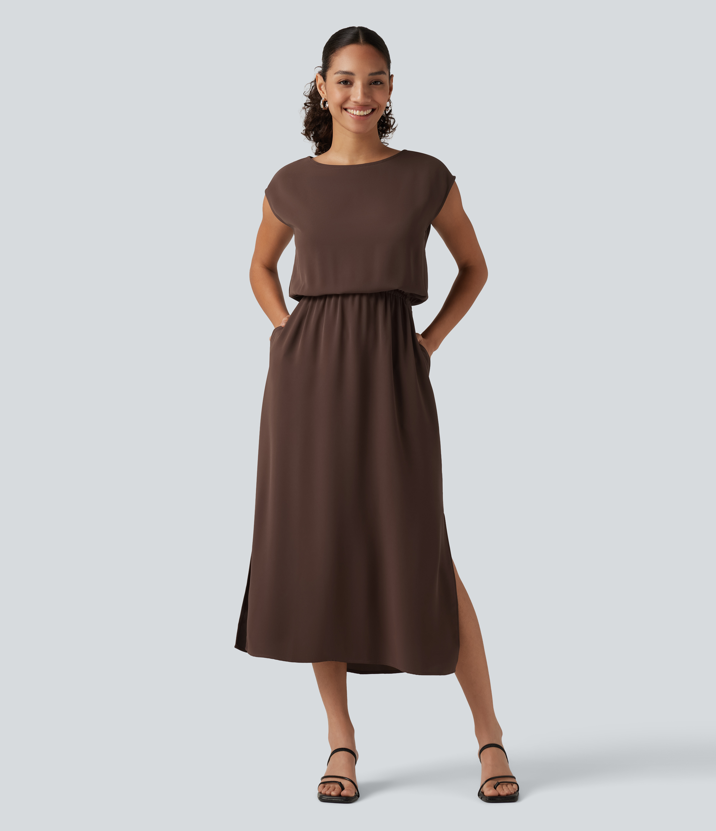 Boat Neck Cap Sleeve Midi Work Dress with Pockets