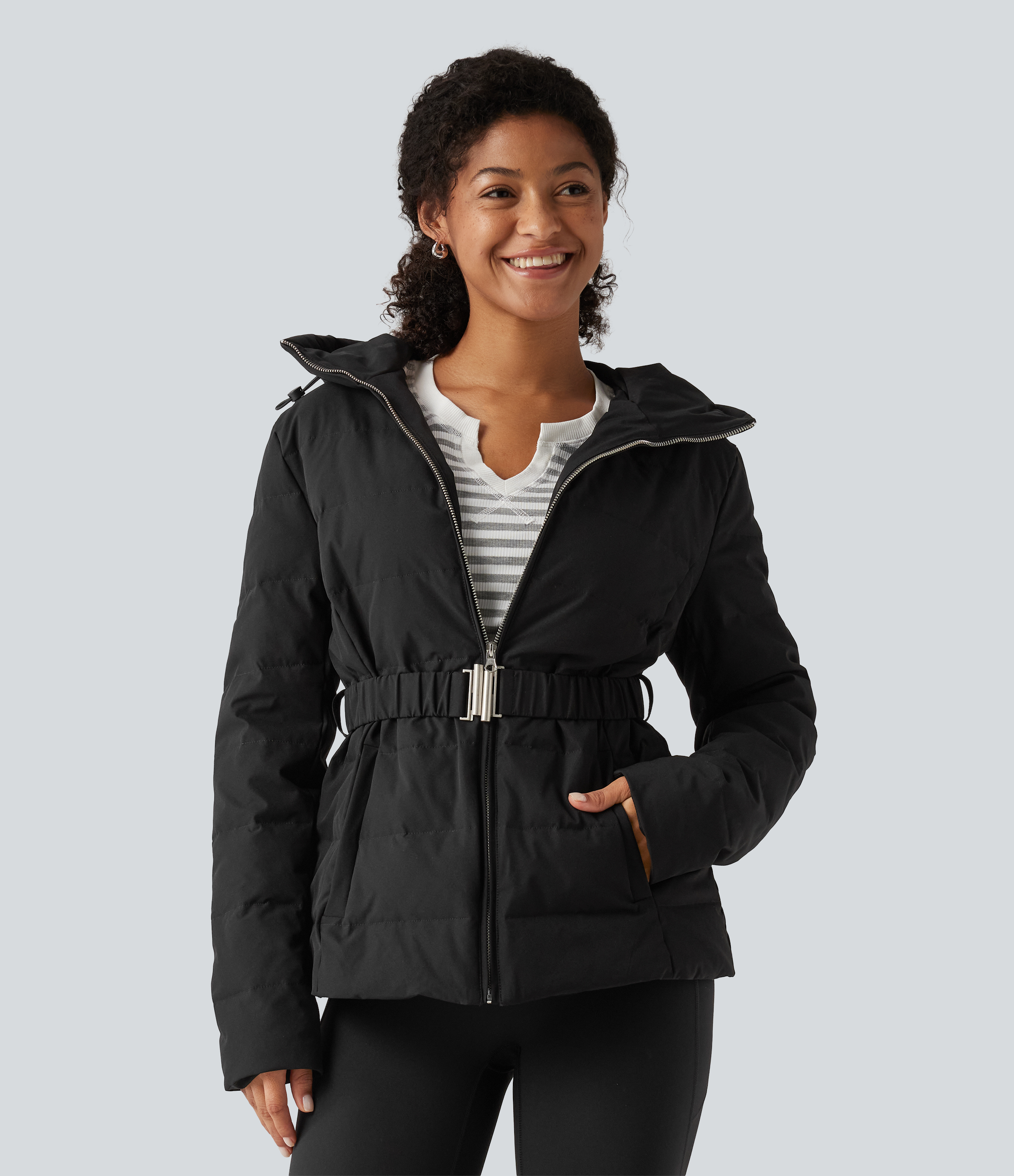 Hooded Long Sleeve Belted Work Down Jacket with Pockets