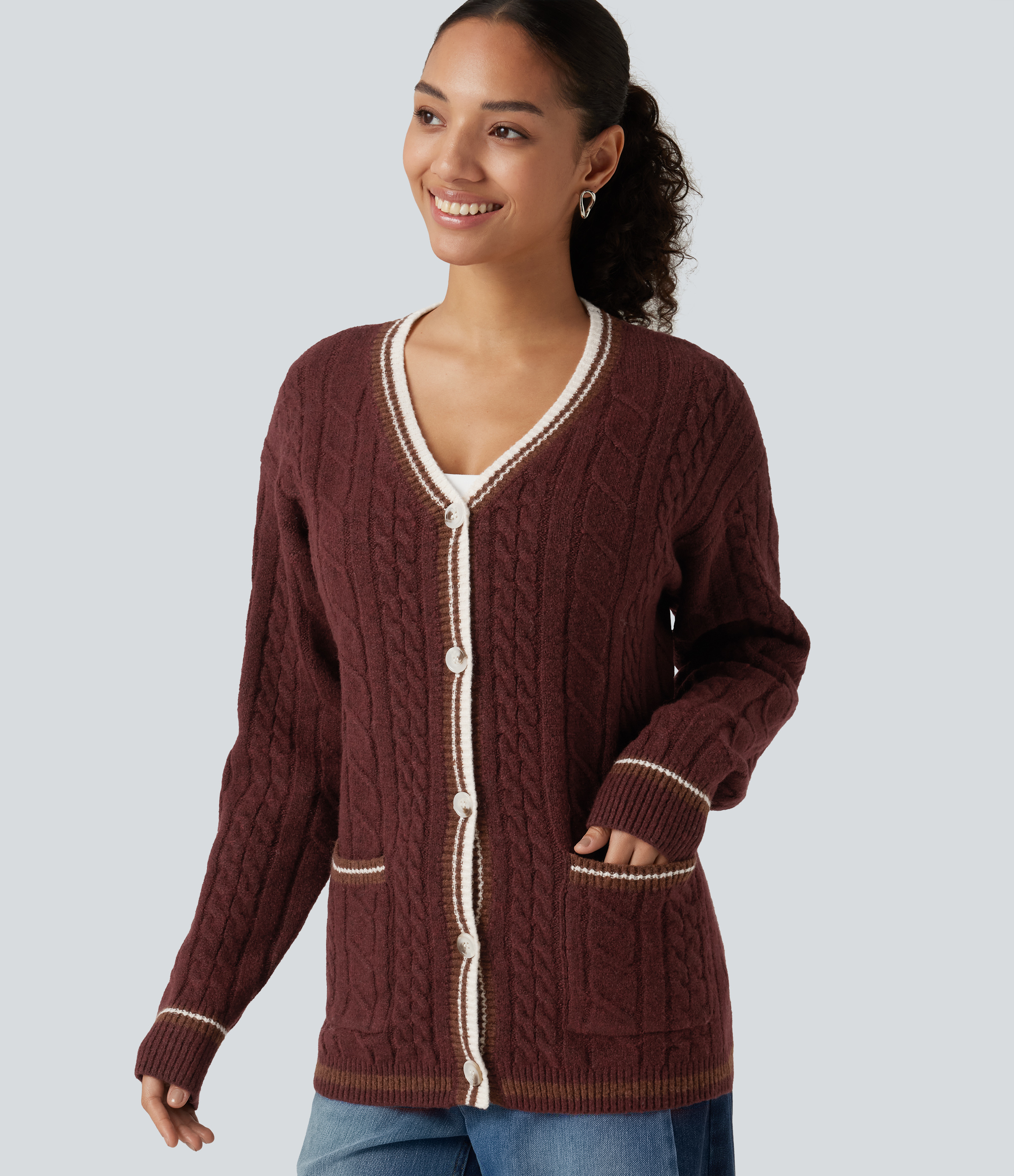 V Neck Long Sleeve Color Block Work Cardigan with Pockets