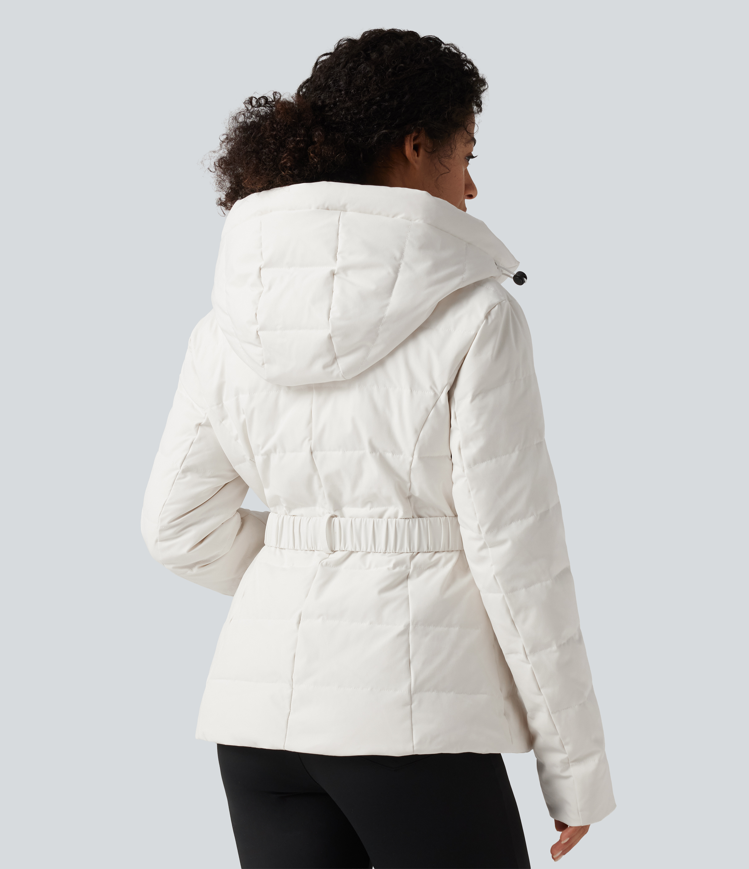 White Hooded Long Sleeve Belted Work Down Jacket with Pockets / 2
